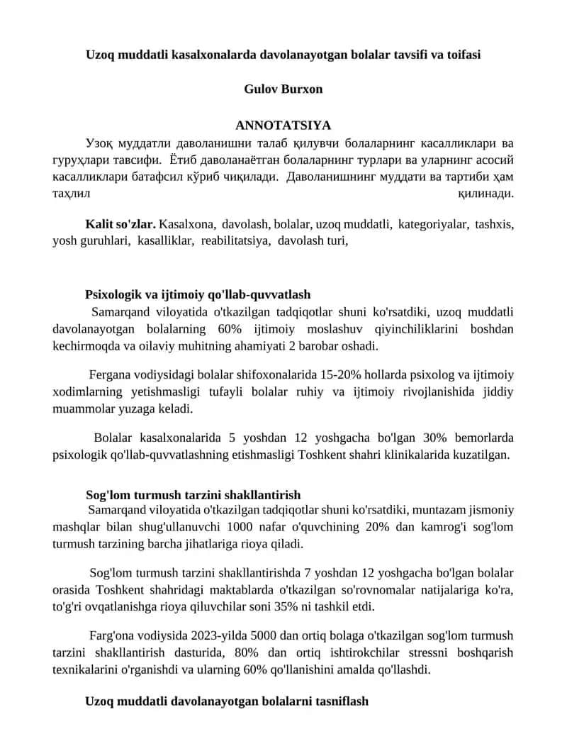 Uzoq muddatli kasalxonalarda davolanayotgan bolalar tavsifi va toifasi