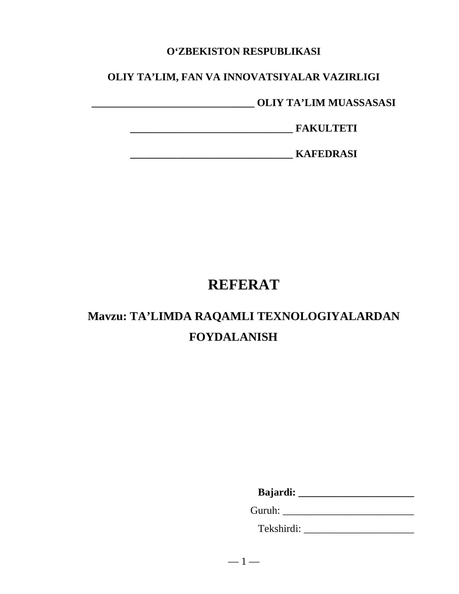 Talimda raqamli texnologiyalardan foydalanish- referat