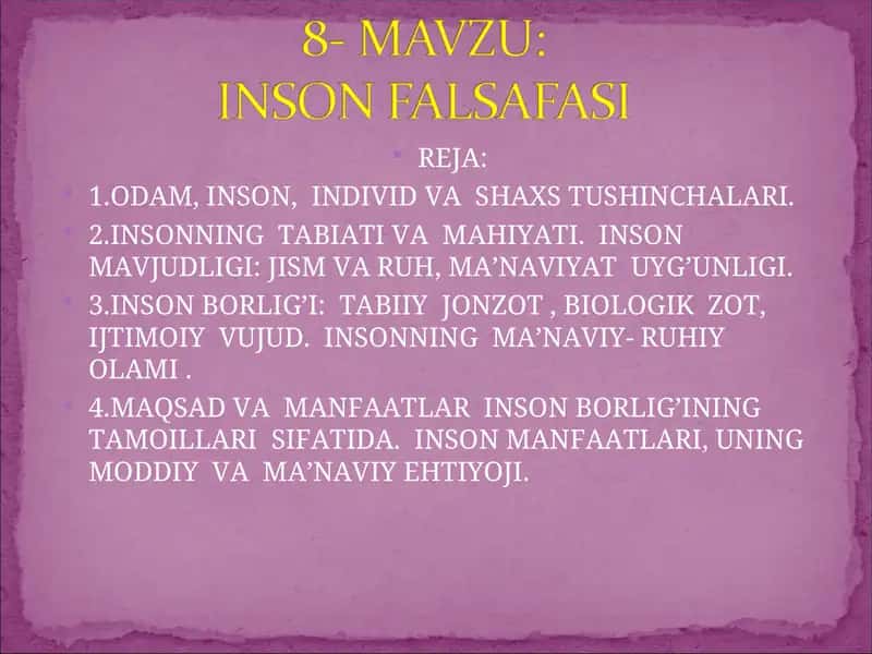 ODAM, INSON, INDIVID VA SHAXS TUSHINCHALARI