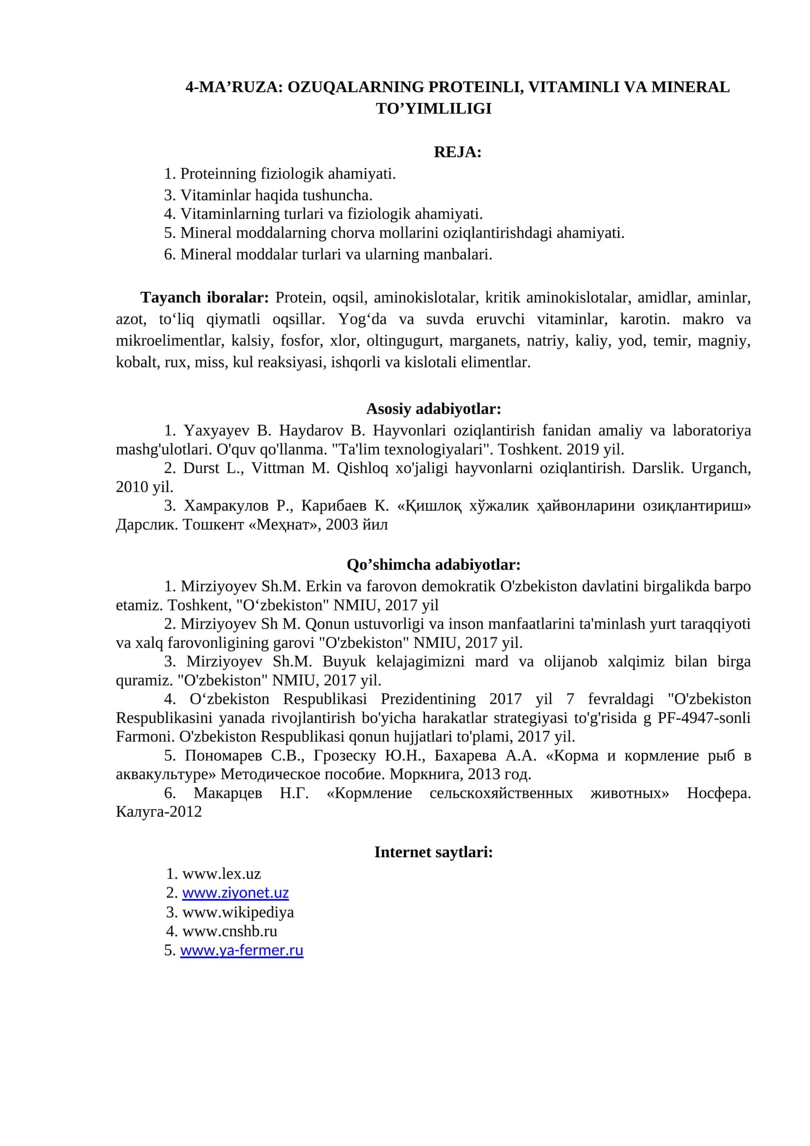 4-MA’RUZA: OZUQALARNING PROTEINLI, VITAMINLI VA MINERAL TO’YIMLILIGI