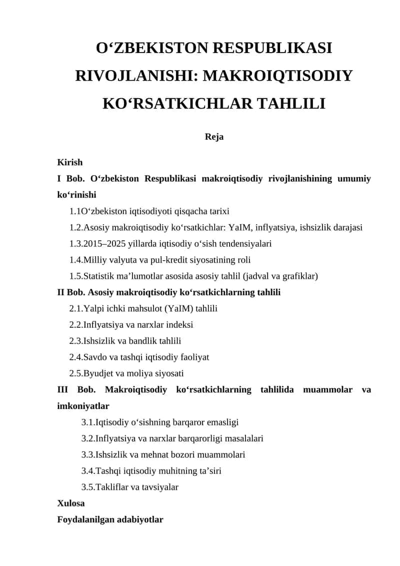 Oʻzbekiston Respublikasi Rivojlanishi: Makro iqtisodiy ko‘rsatkichlar tahlili