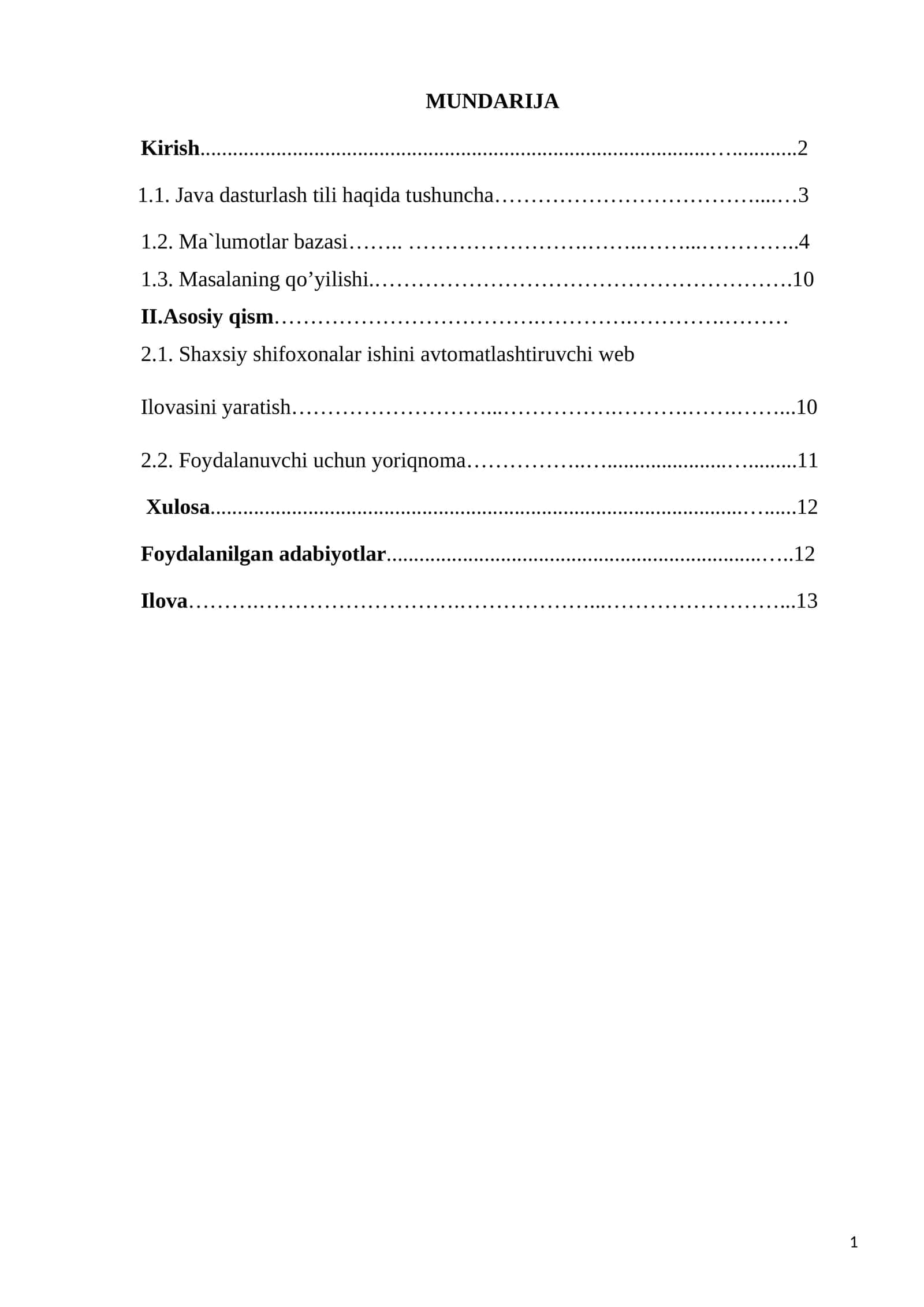 Java dasturlash tili. Kurs ishi