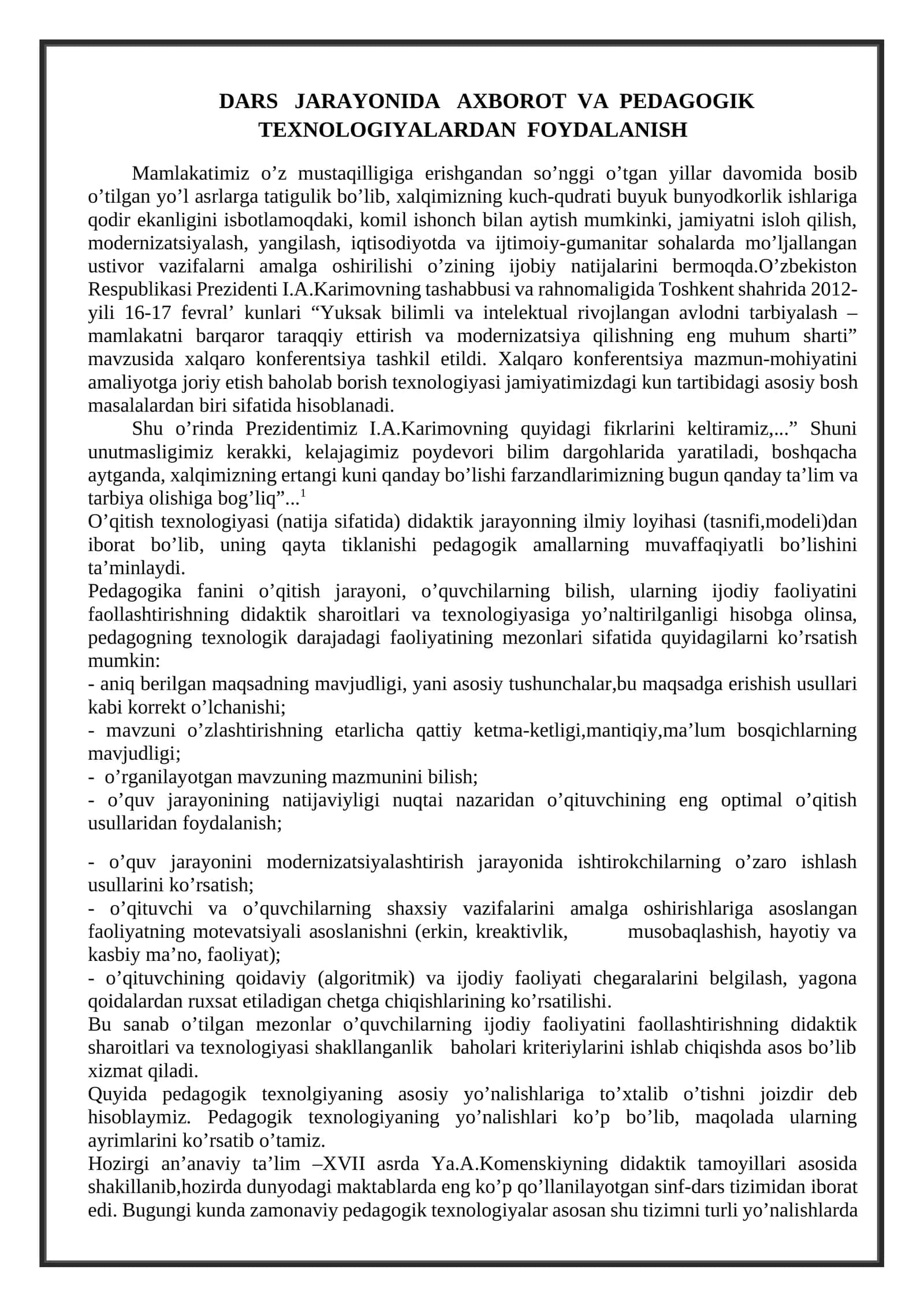 DARS JARAYONIDA AXBOROT VA PEDAGOGIK TEXNOLOGIYALARDAN FOYDALANISH