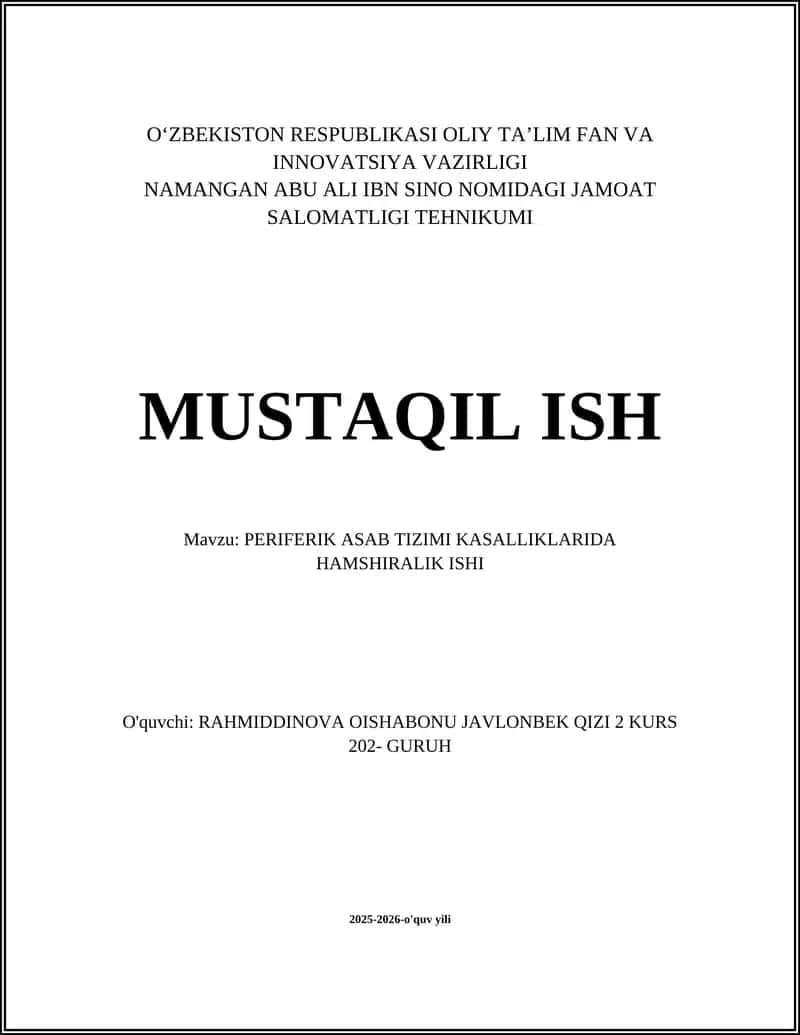 PERIFERIK ASAB TIZIMI KASALLIKLARIDA HAMSHIRALIK ISHI