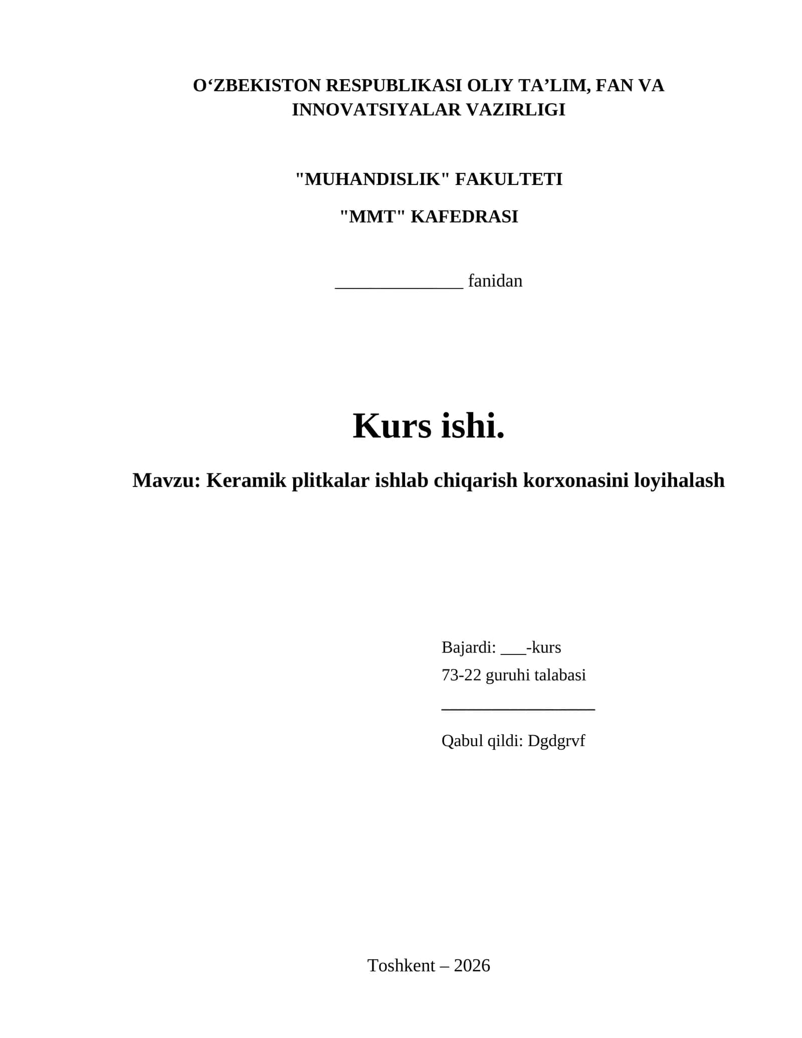 Keramik plitkalar ishlab chiqarish korxonasini loyihalash