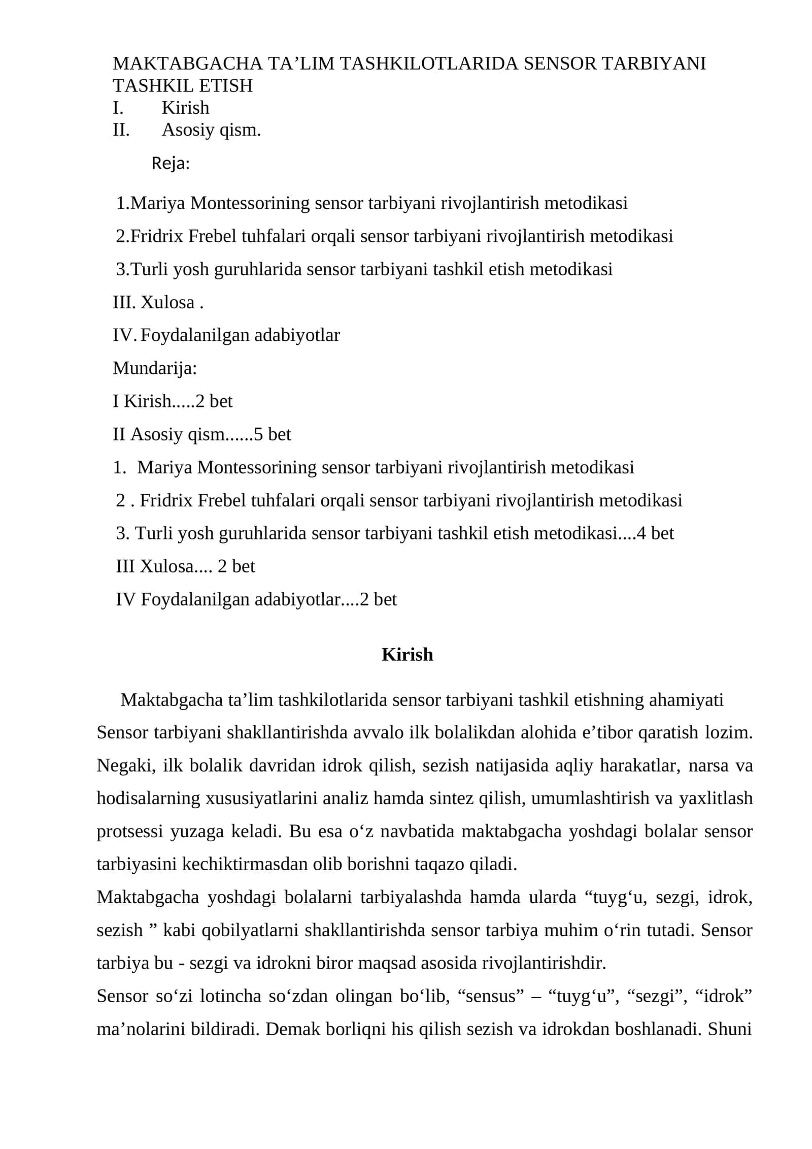 Mariya Montessorining sensor tarbiyani rivojlantirish metodikasi