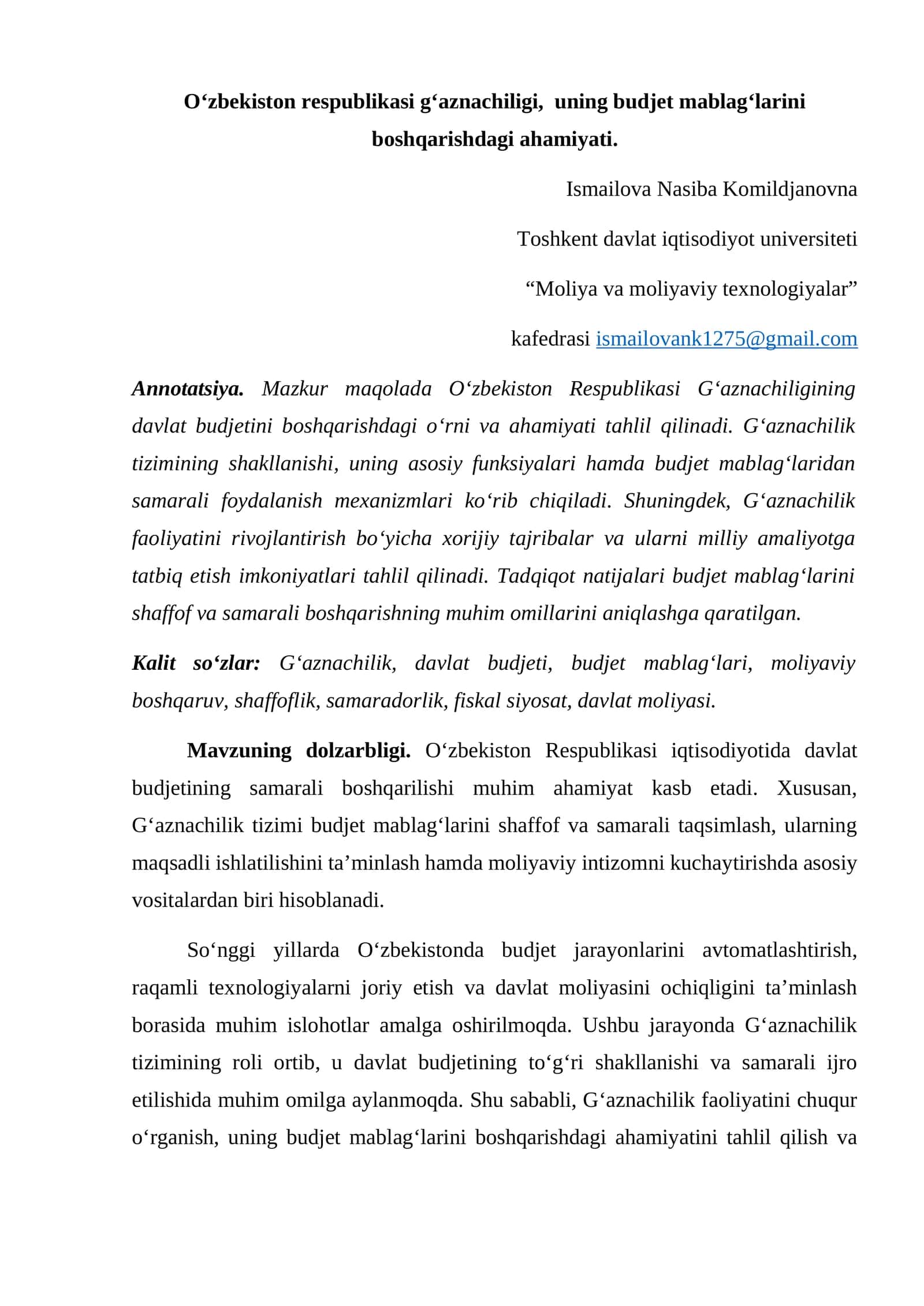 Oʻzbekiston Respublikasi Gʻaznachiligining Davlat Budjetini Boshqarishdagi Ahamiyati