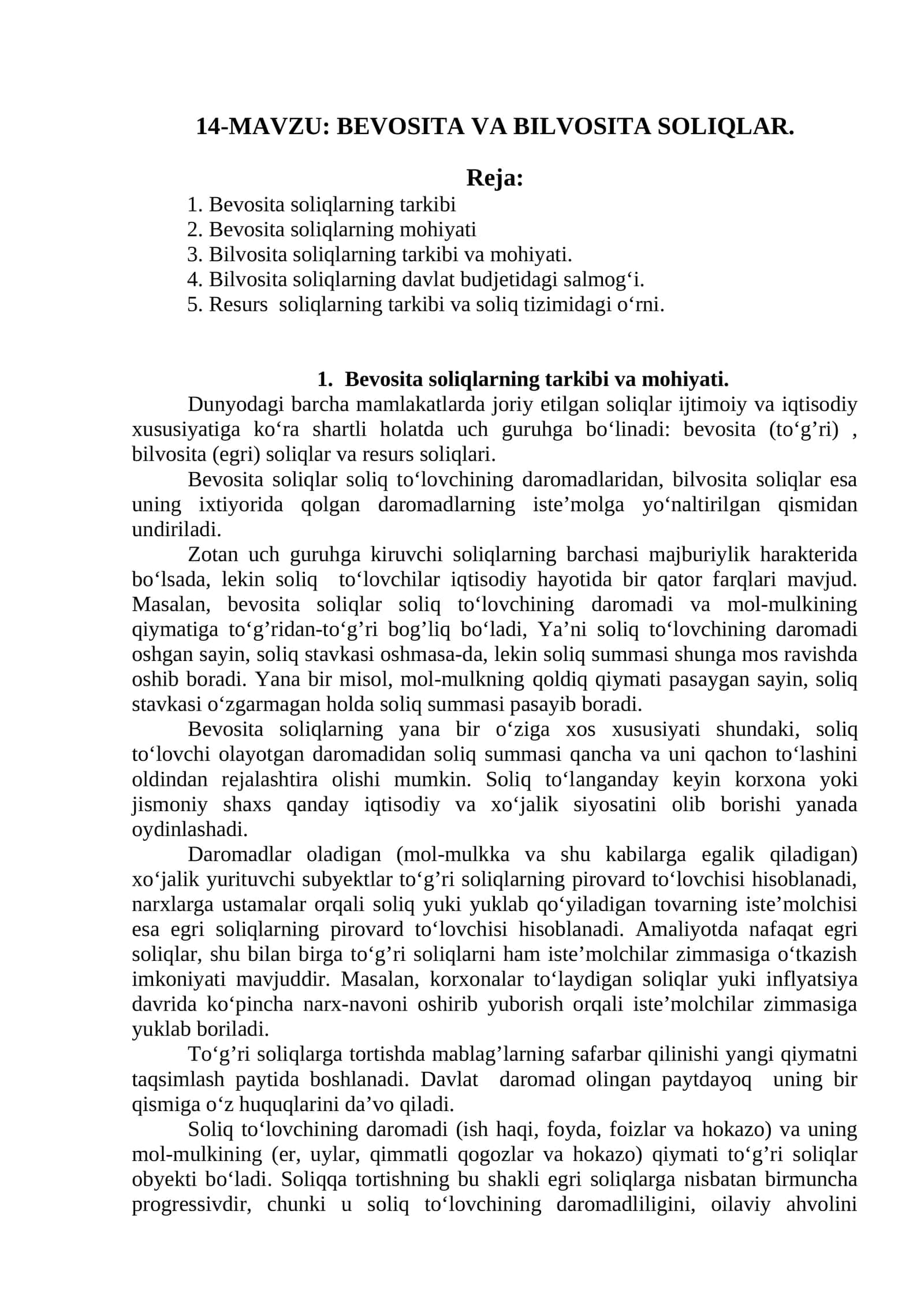 BEVOSITA VA BILVOSITA SOLIQLAR