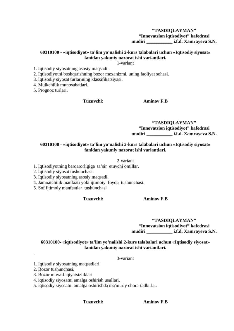 Iqtisodiy Siyosat Yakuniy Nazorat Ishlari