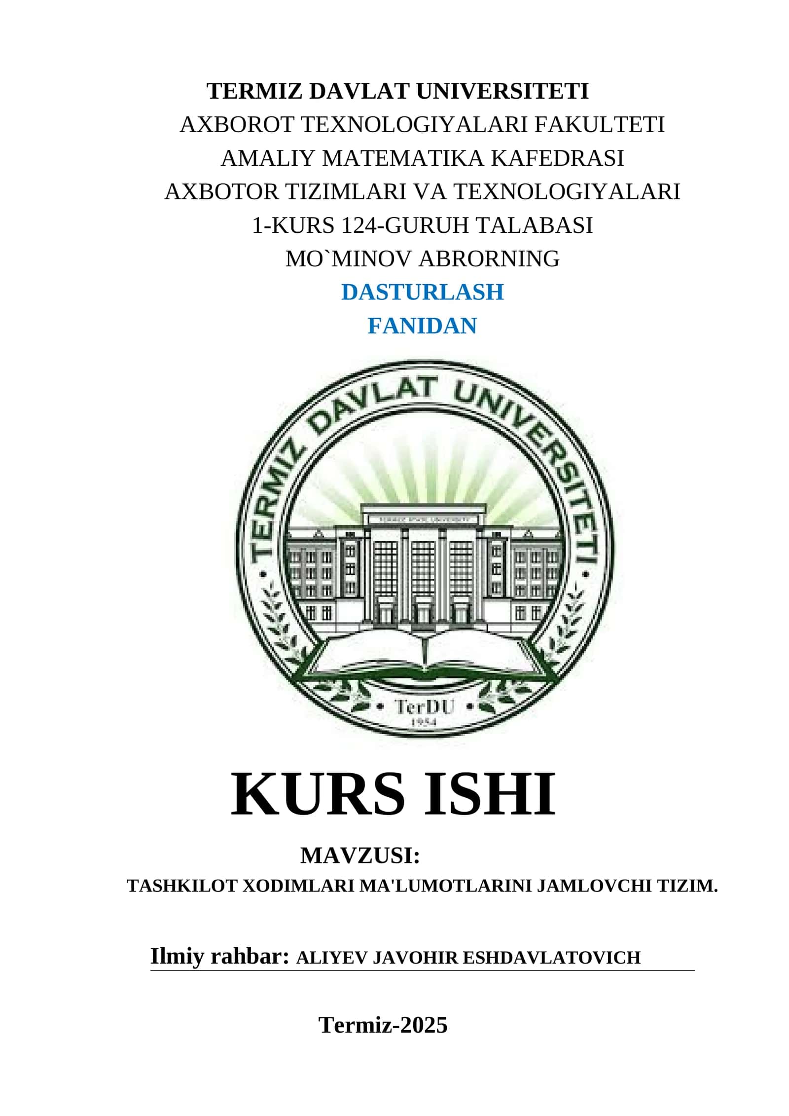 TASHKILOT XODIMLARI MA'LUMOTLARINI JAMLOVCHI TIZIM