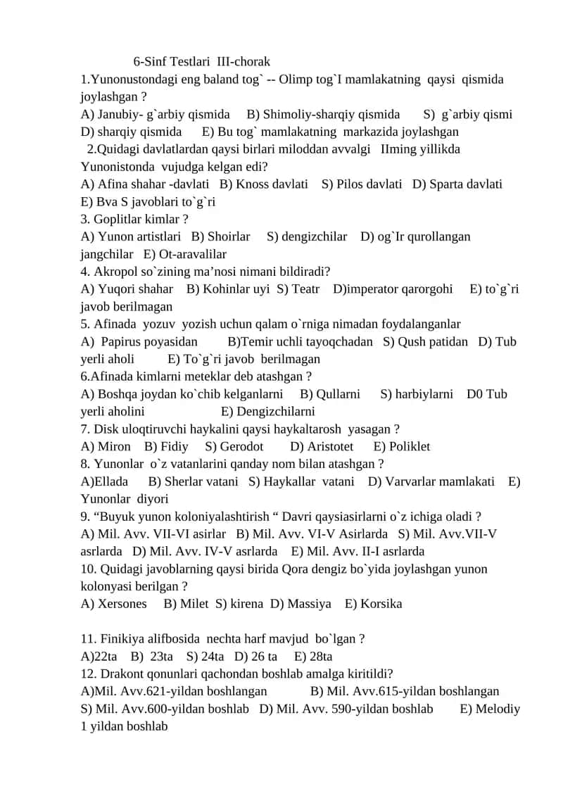 6-Sinf Testlari III-chorak