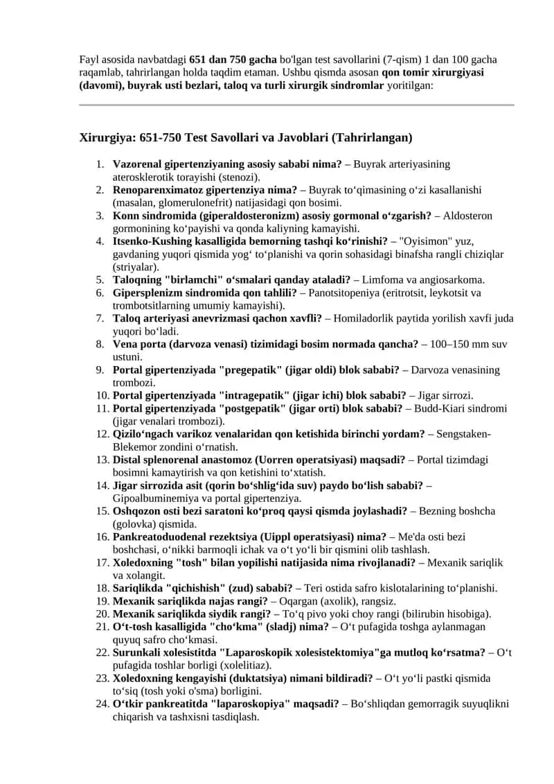 Xirurgiya: 651-750 Test Savollari va Javoblari (Tahrirlangan)