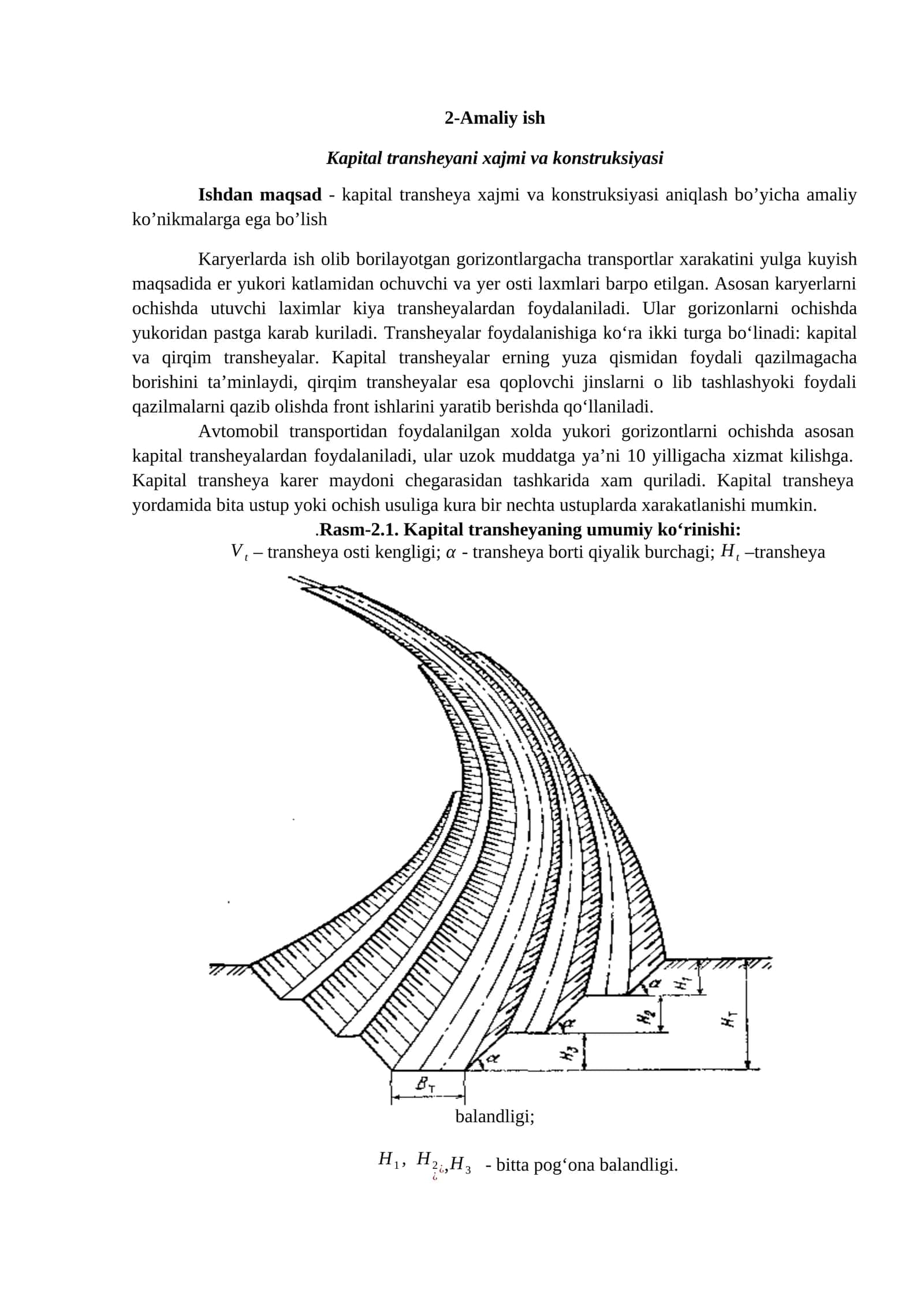 Kapital transheyani xajmi va konstruksiysi