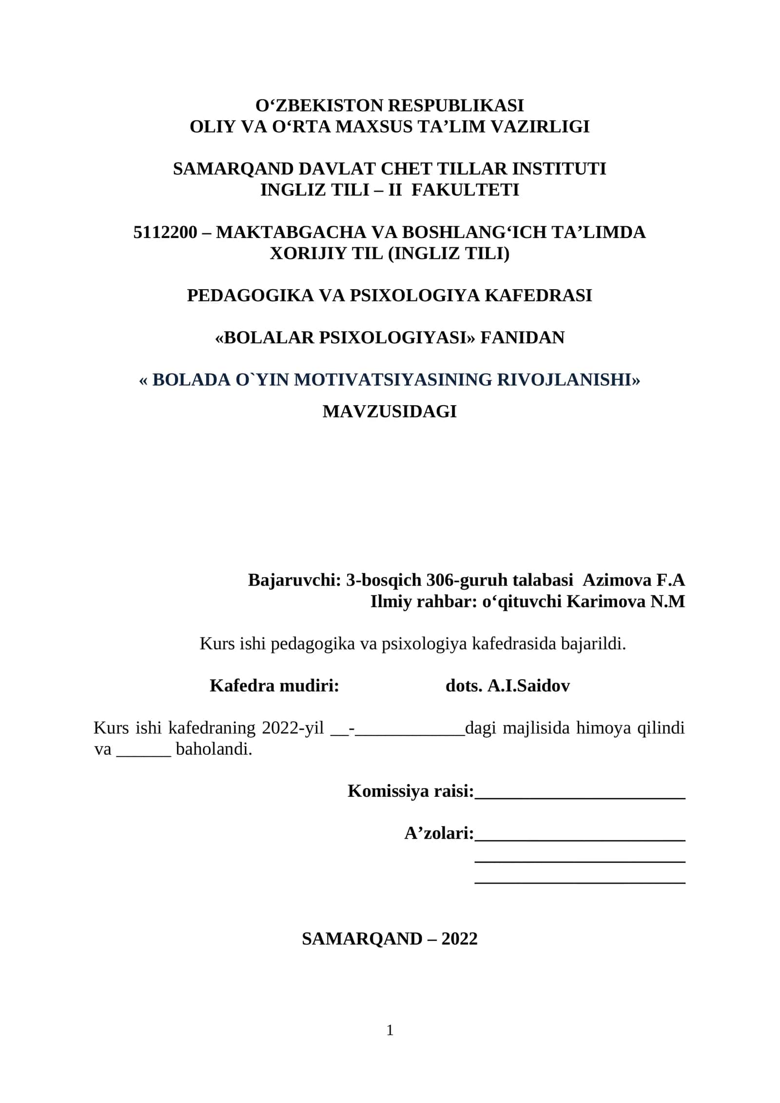 BOLADA O'YIN MOTIVATSIYASINING RIVOJLANISHI