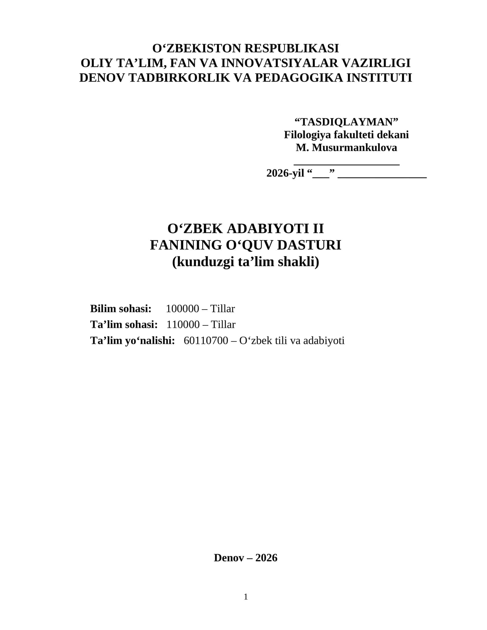 O‘ZBEK ADABIYOTI II FANINING O‘QUV DASTURI