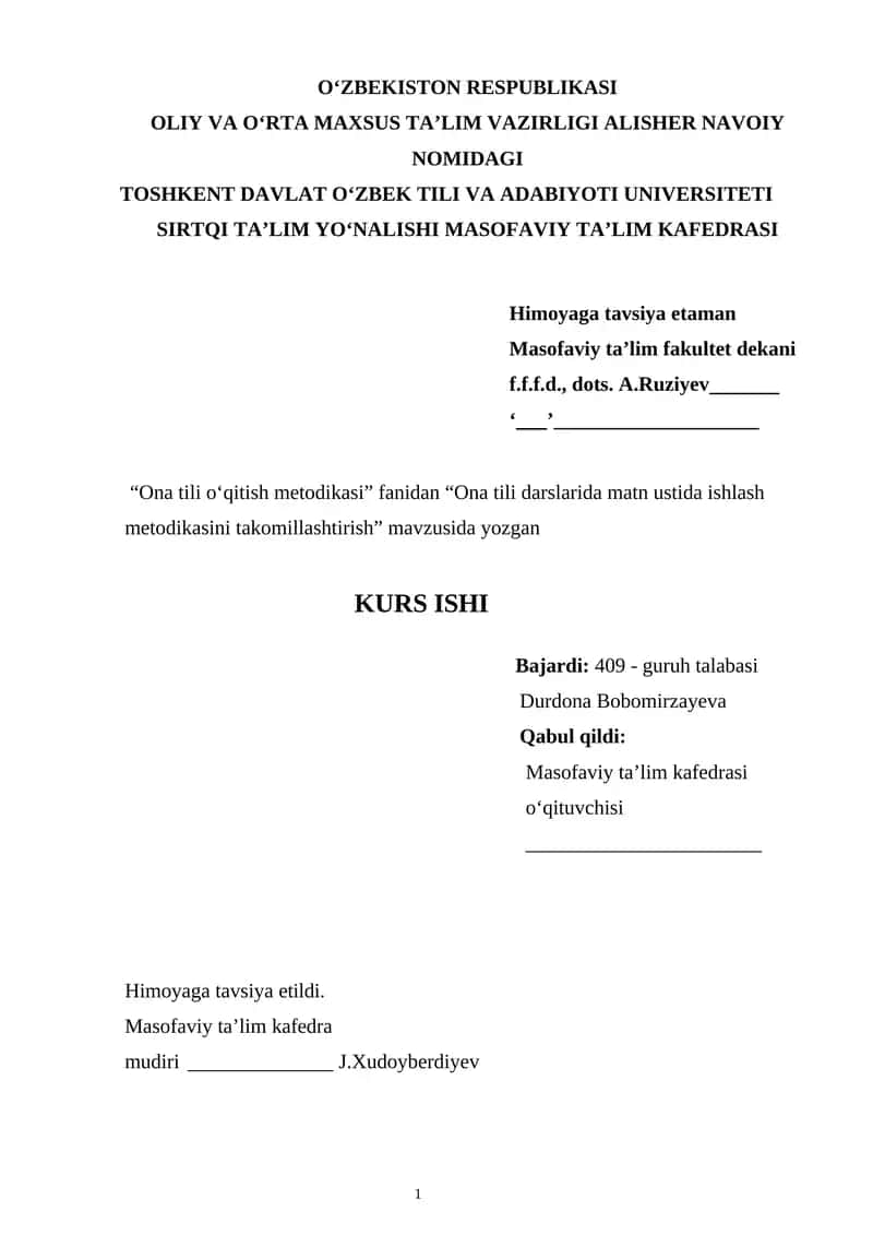 Ona tili darslarida matn ustida ishlash metodikasini takomillashtirish