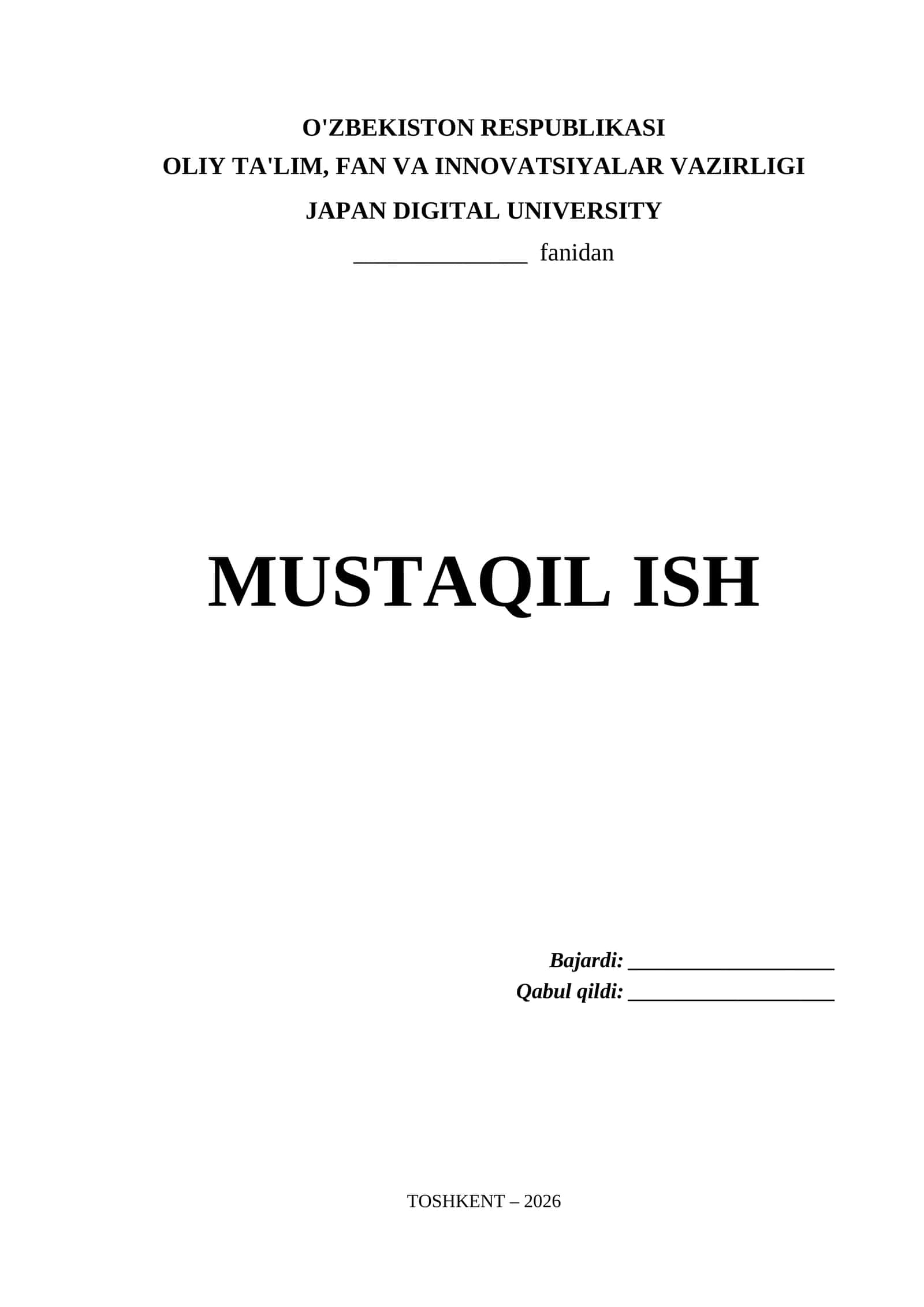 Japan Digital University Mustaqil Ish Titul Varaq (.docx)