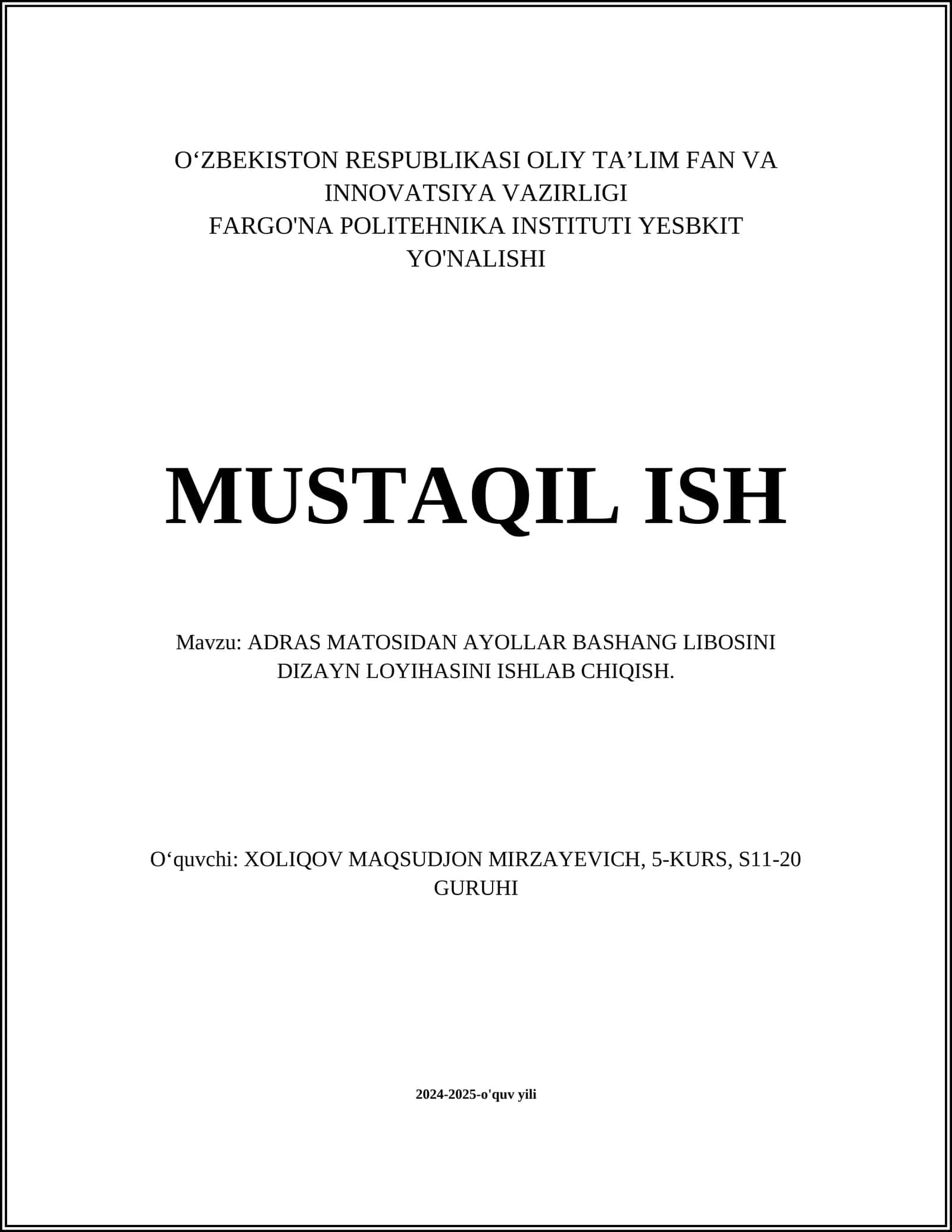 ADRAS MATOSIDAN AYOLLAR BASHANG LIBOSINI DIZAYN LOYIHASINI ISHLAB CHIQISH