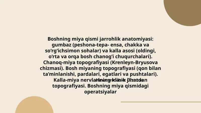 Boshning miya qismi jarrohlik anatomiyasi