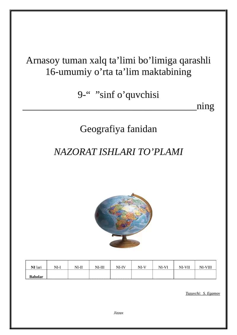 Geografiya fanidan nazorat ishlari to’plami