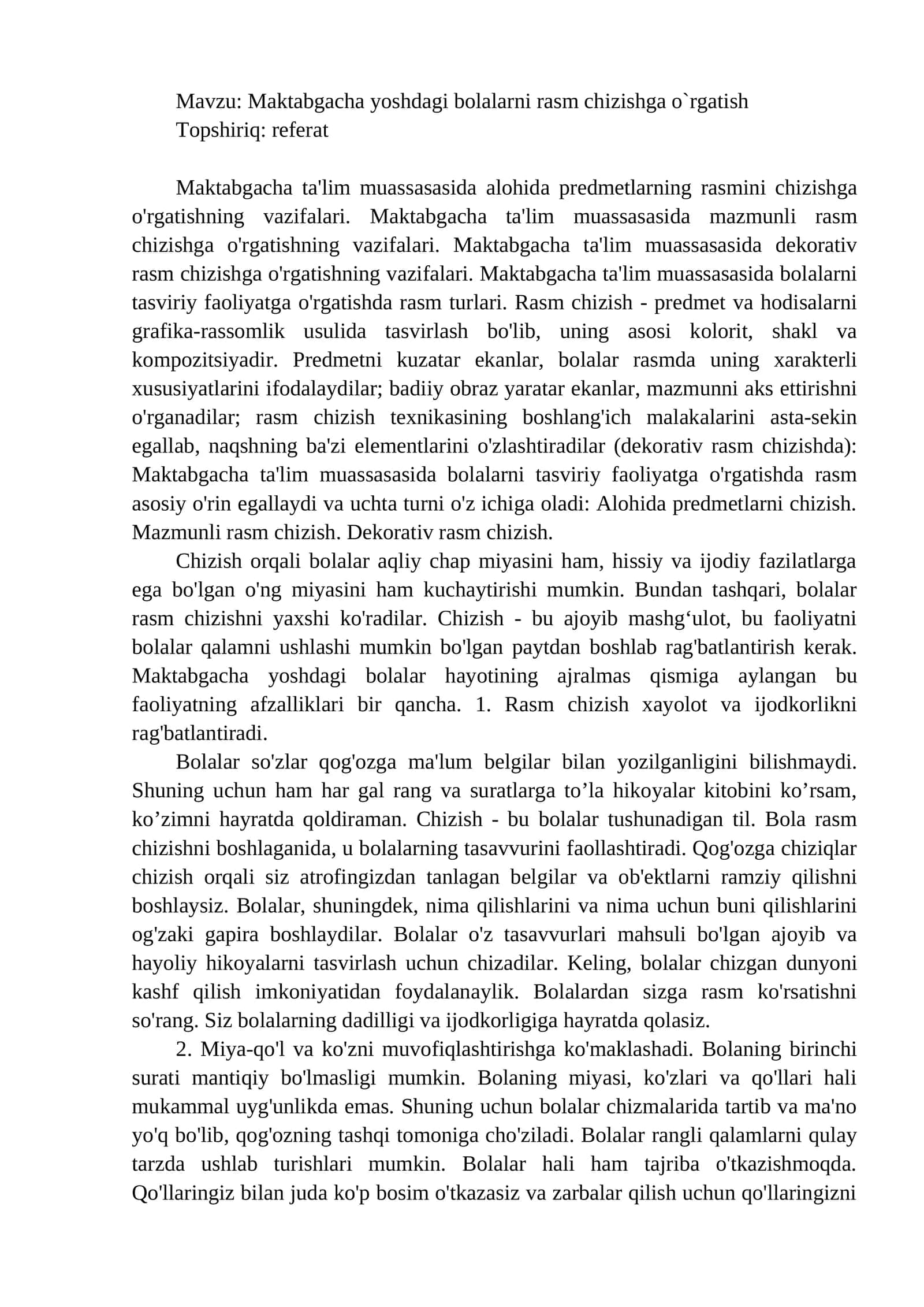 Maktabgacha yoshdagi bolalarni rasm chizishga o`rgatishMaktabgacha yoshdagi bolalarni rasm chizishga o`rgatish