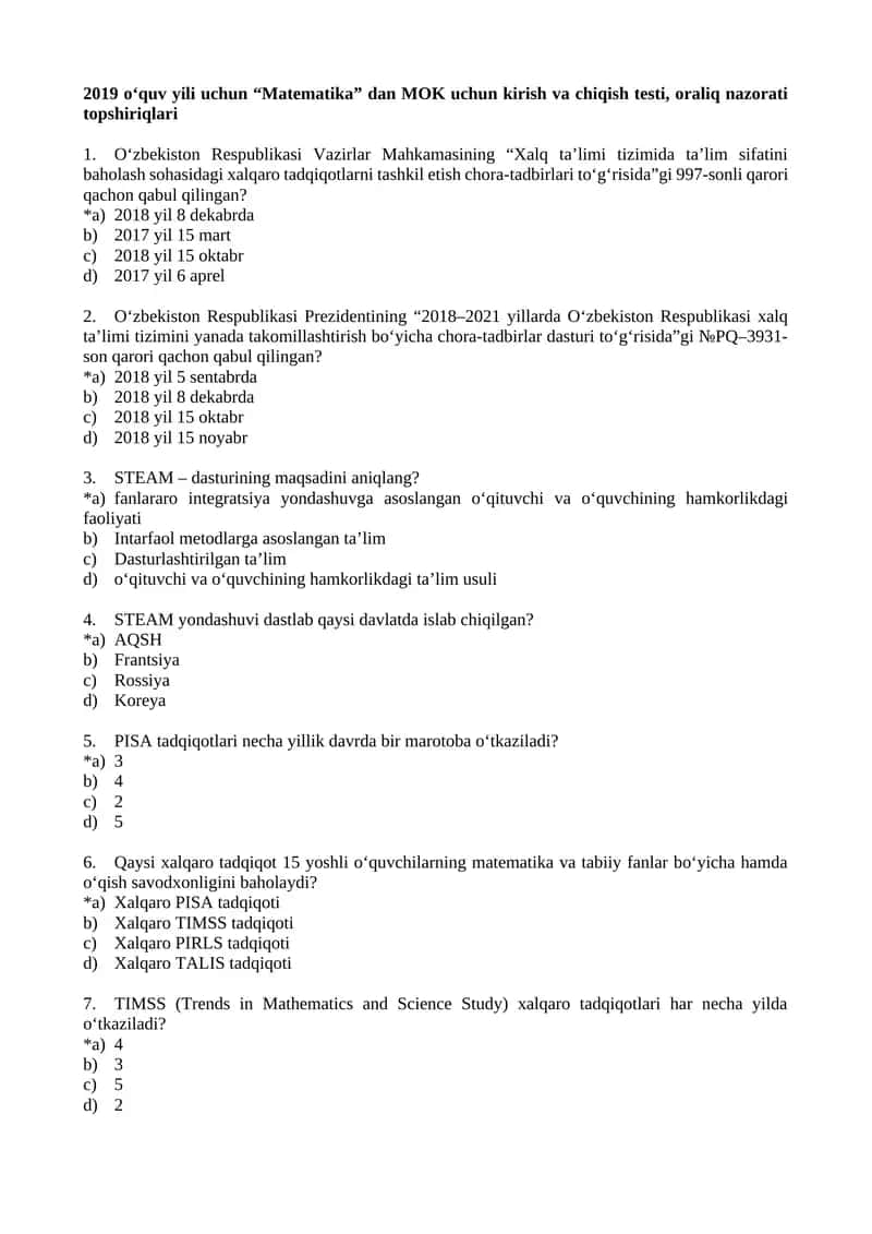 2019 o‘quv yili uchun “Matematika” dan MOK uchun kirish va chiqish testi, oraliq nazorati topshiriqlari