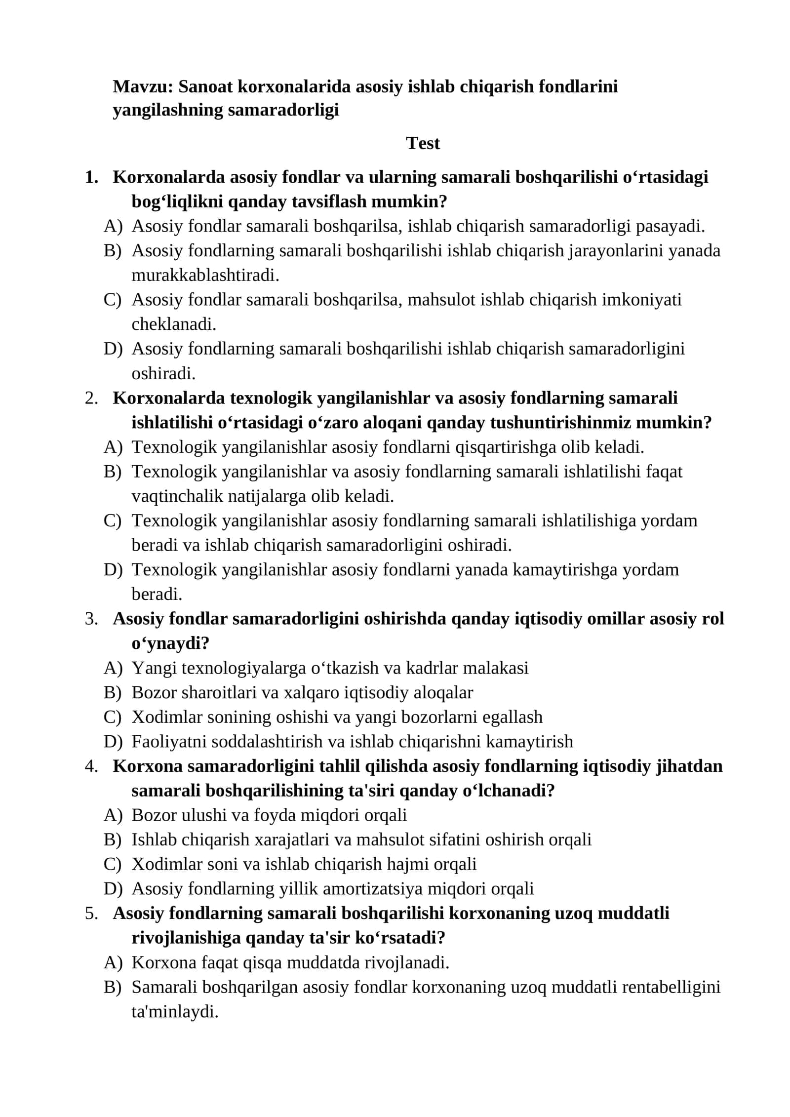 Sanoat korxonalarida asosiy ishlab chiqarish fondlarini yangilashning samaradorligi