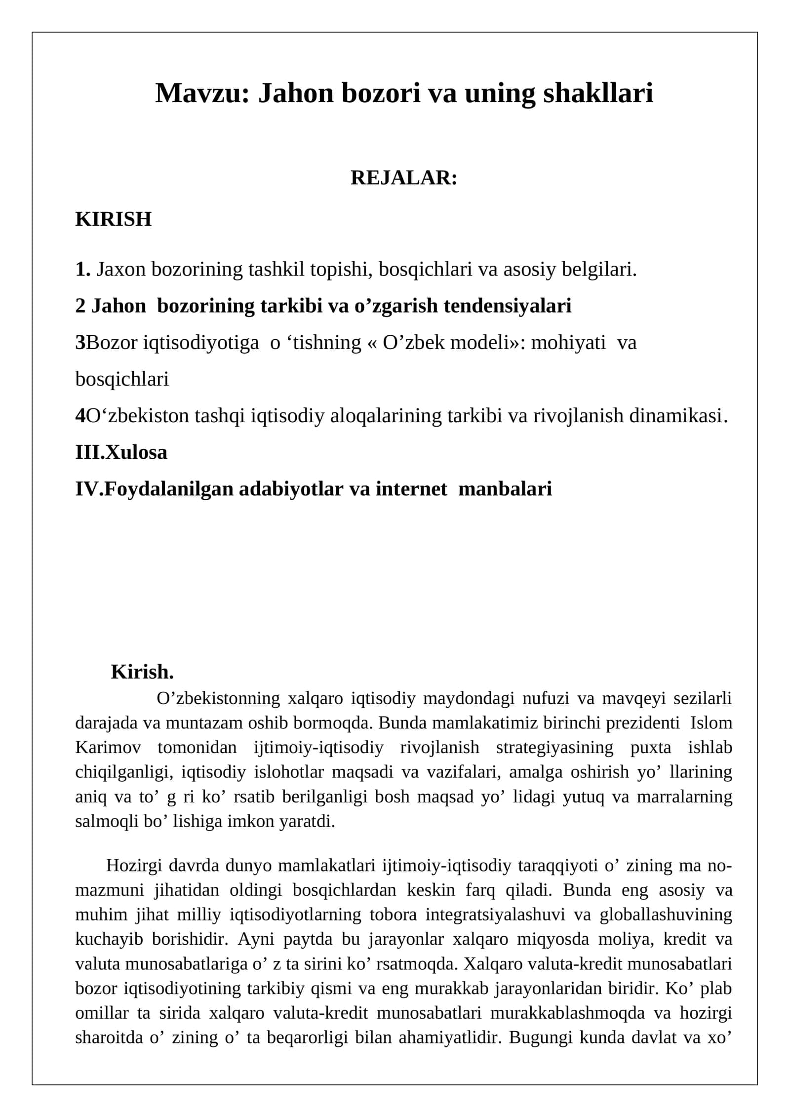 Jahon bozori va uning shakllari
