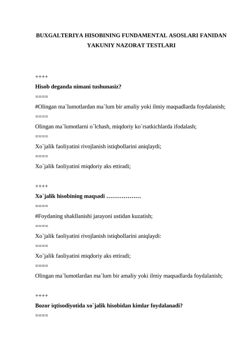 BUXGALTERIYA HISOBINING FUNDAMENTAL ASOSLARI FANIDAN YAKUNIY NAZORAT TESTLARI