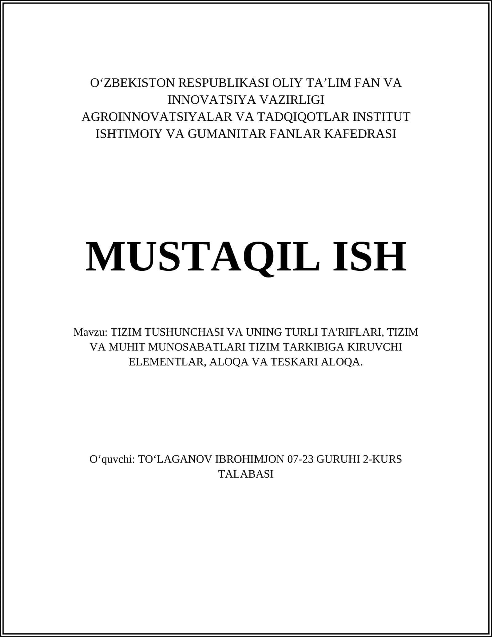 TIZIM TUSHUNCHASI VA UNING TURLI TA'RIFLARI