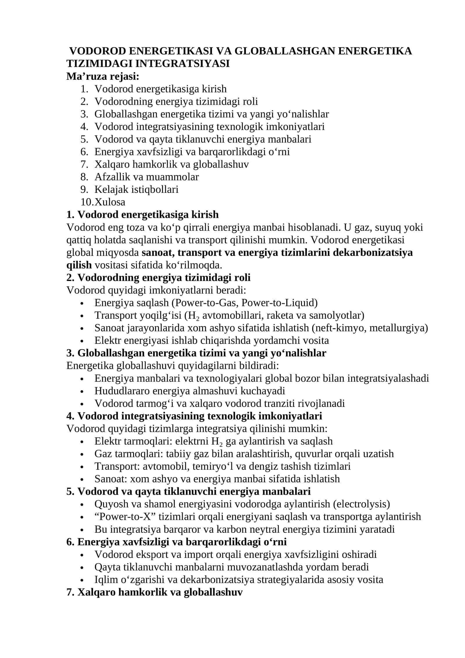 VODOROD ENERGETIKASI VA GLOBALLASHGAN ENERGETIKA TIZIMIDAGI INTEGRATSIYASI