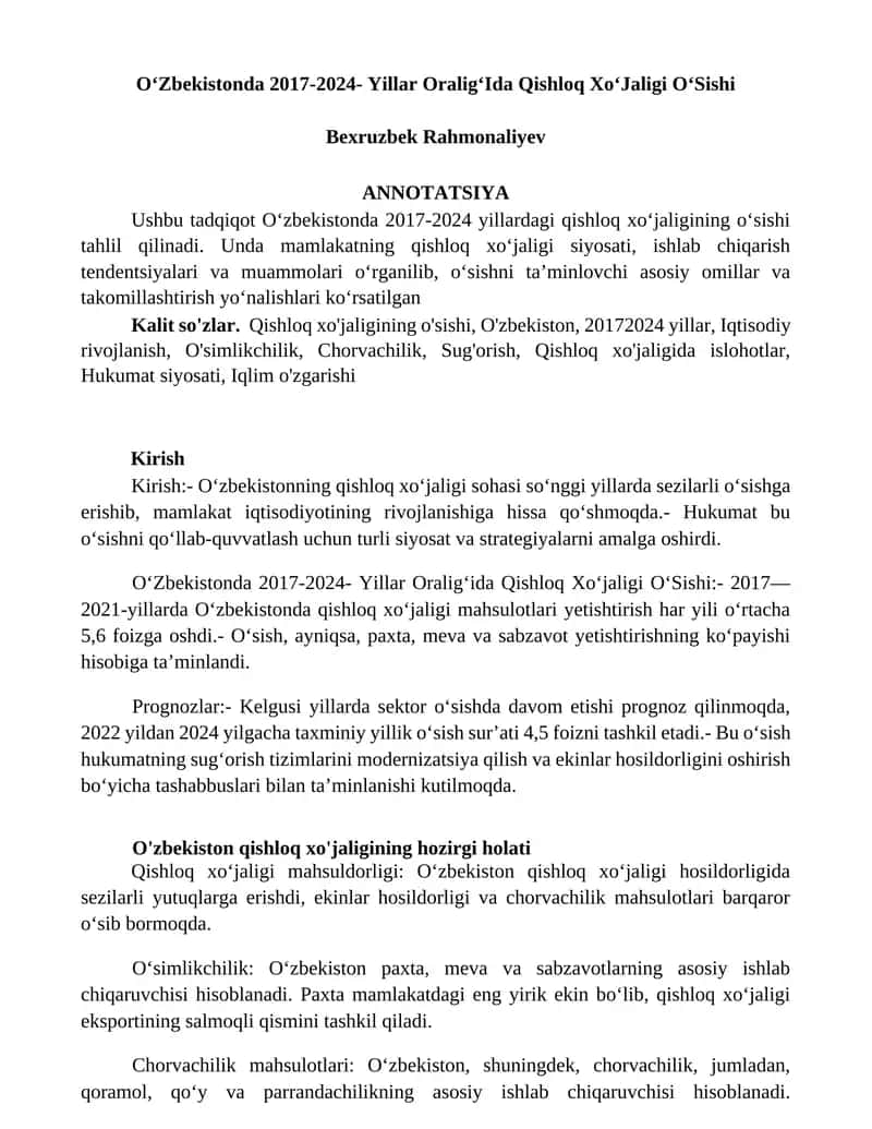 OʻZbekistonda 2017-2024- Yillar OraligʻIda Qishloq XoʻJaligi OʻSishi