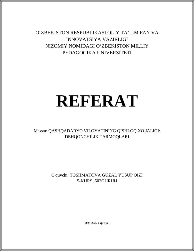 QASHQADARYO VILOYATINING QISHLOQ XO JALIGI: DEHQONCHILIK TARMOQLARI