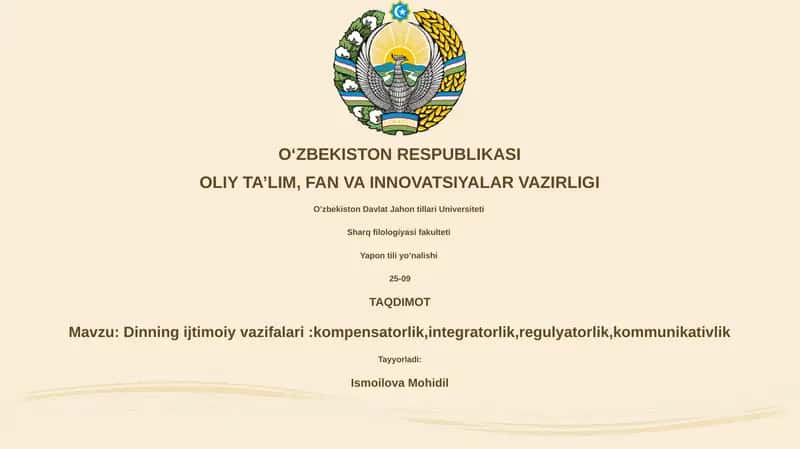 Dinning ijtimoiy vazifalari:kompensatorlik,integratorlik,regulyatorlik,kommunikativlik