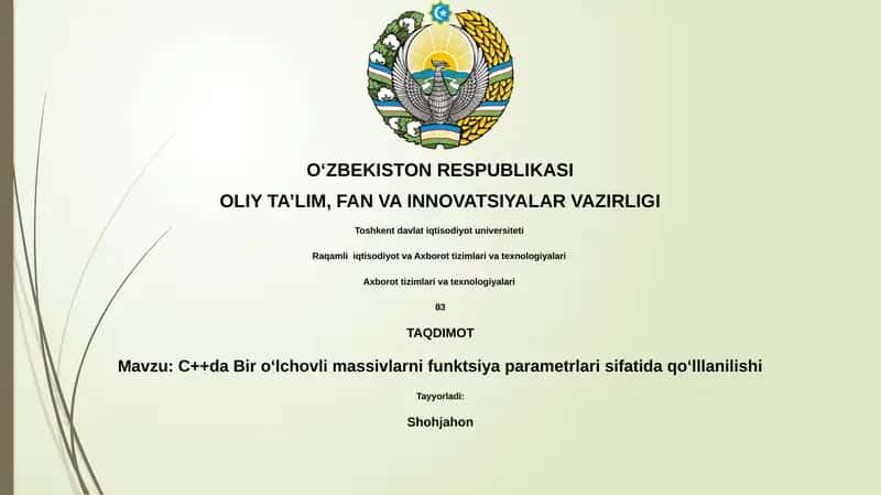 C++da Bir o‘lchovli massivlarni funktsiya parametrlari sifatida qo‘lllanilishi