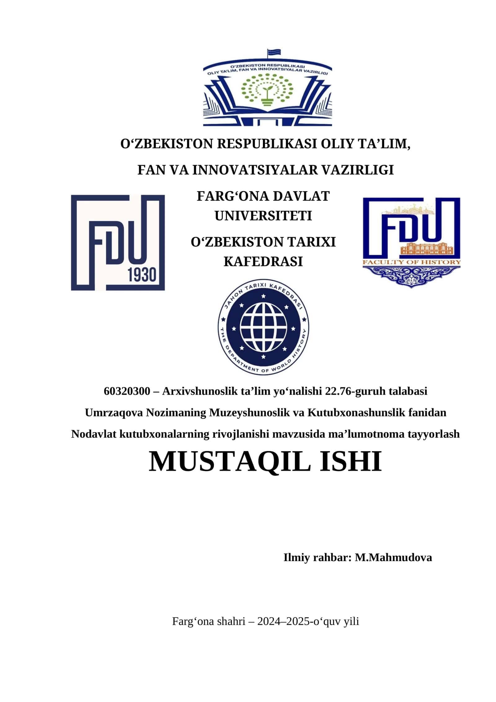 Arxivshunoslik ta’lim yo‘nalishi 22.76-guruh talabasi
