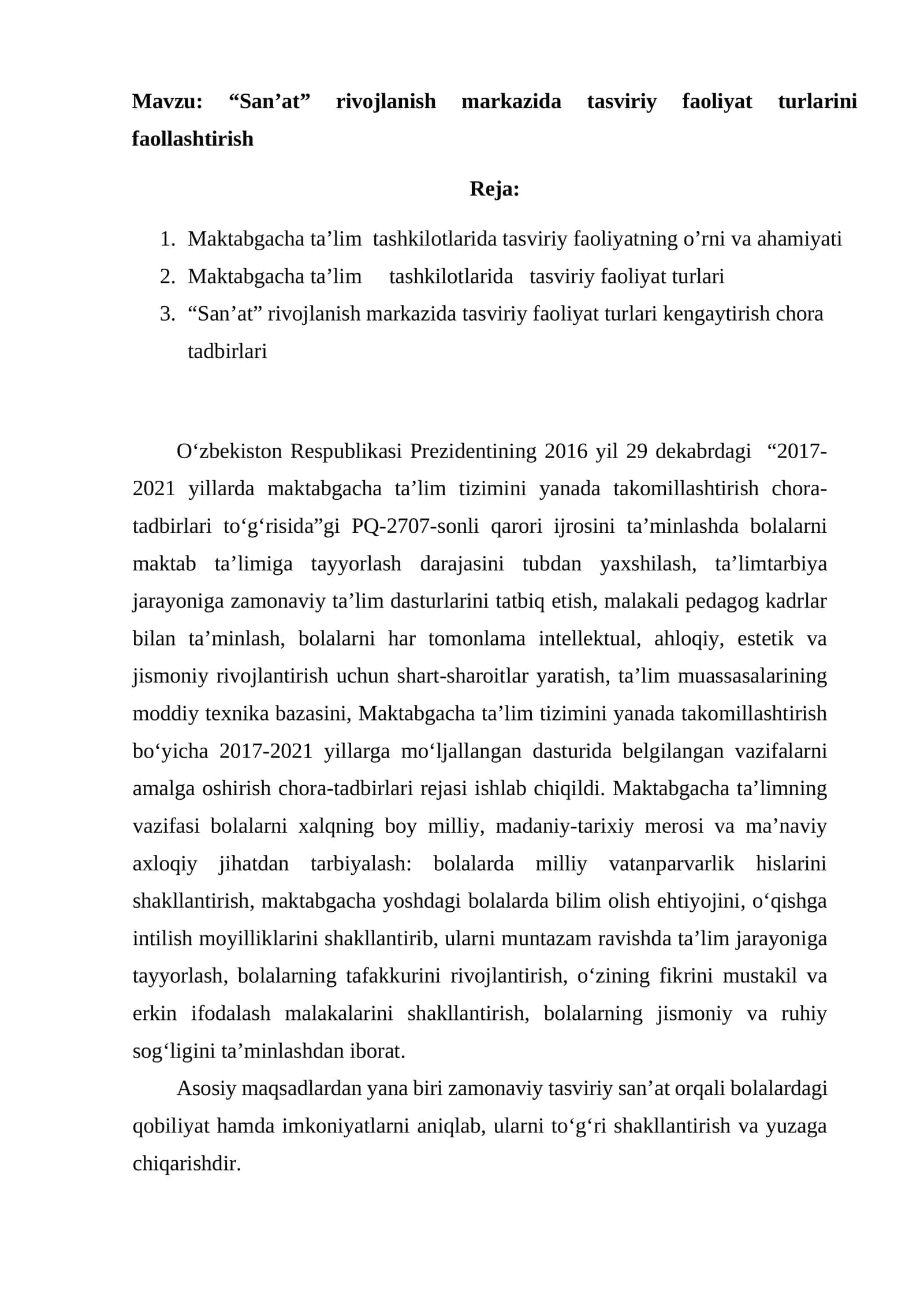 "San’at" rivojlanish markazida tasviriy faoliyat turlarini faollashtirish