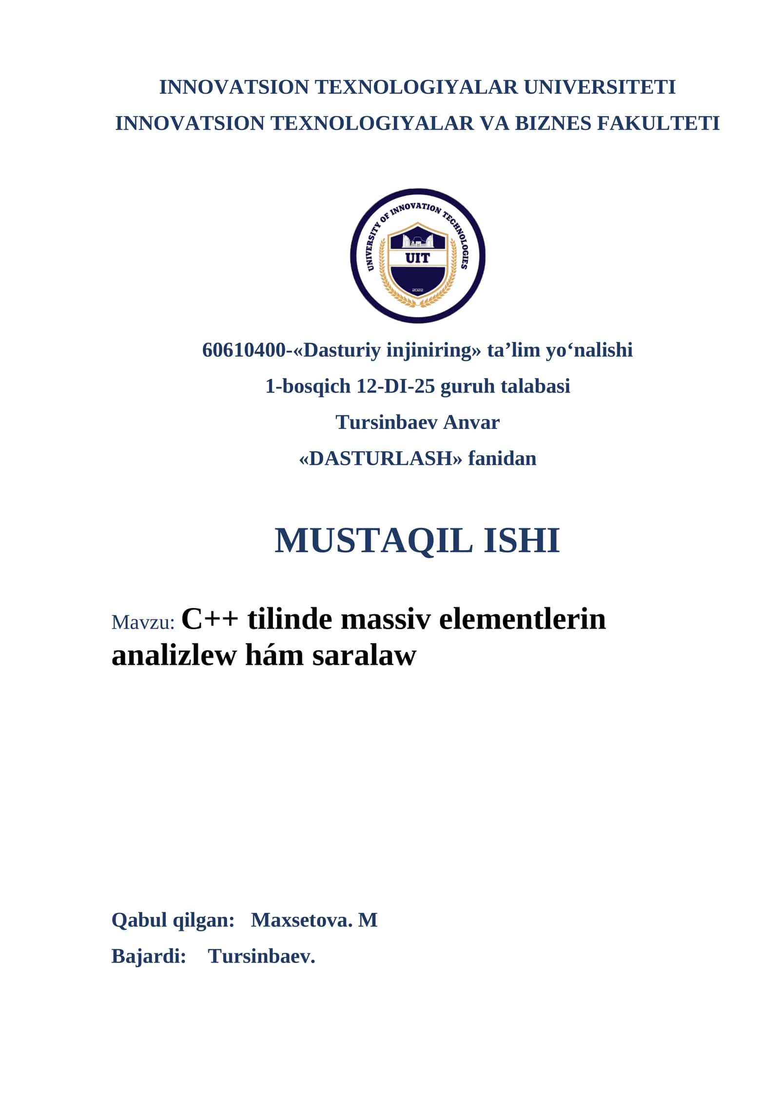 C++ tilinde massiv elementlerin analizlew hám saralaw