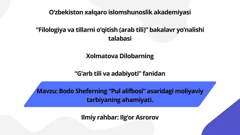 Bodo Sheferning “Pul alifbosi” asaridagi moliyaviy tarbiyaning ahamiyati