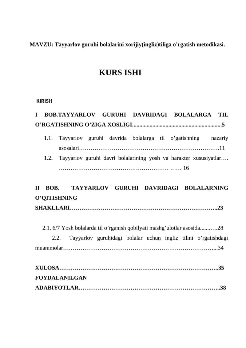 Tayyarlov guruhi bolalarini xorijiy(ingliz)tiliga o’rgatish metodikasi