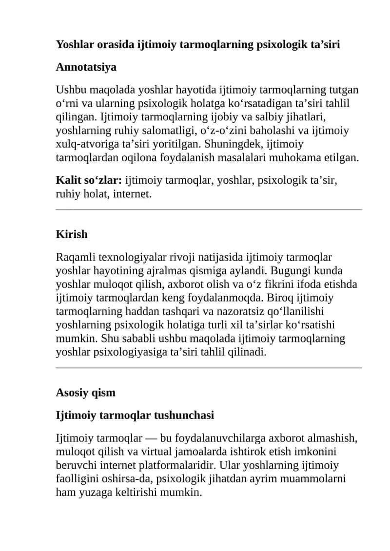 Yoshlar  orasida ijtimoiy tarmoqlarning psixologik ta’siri