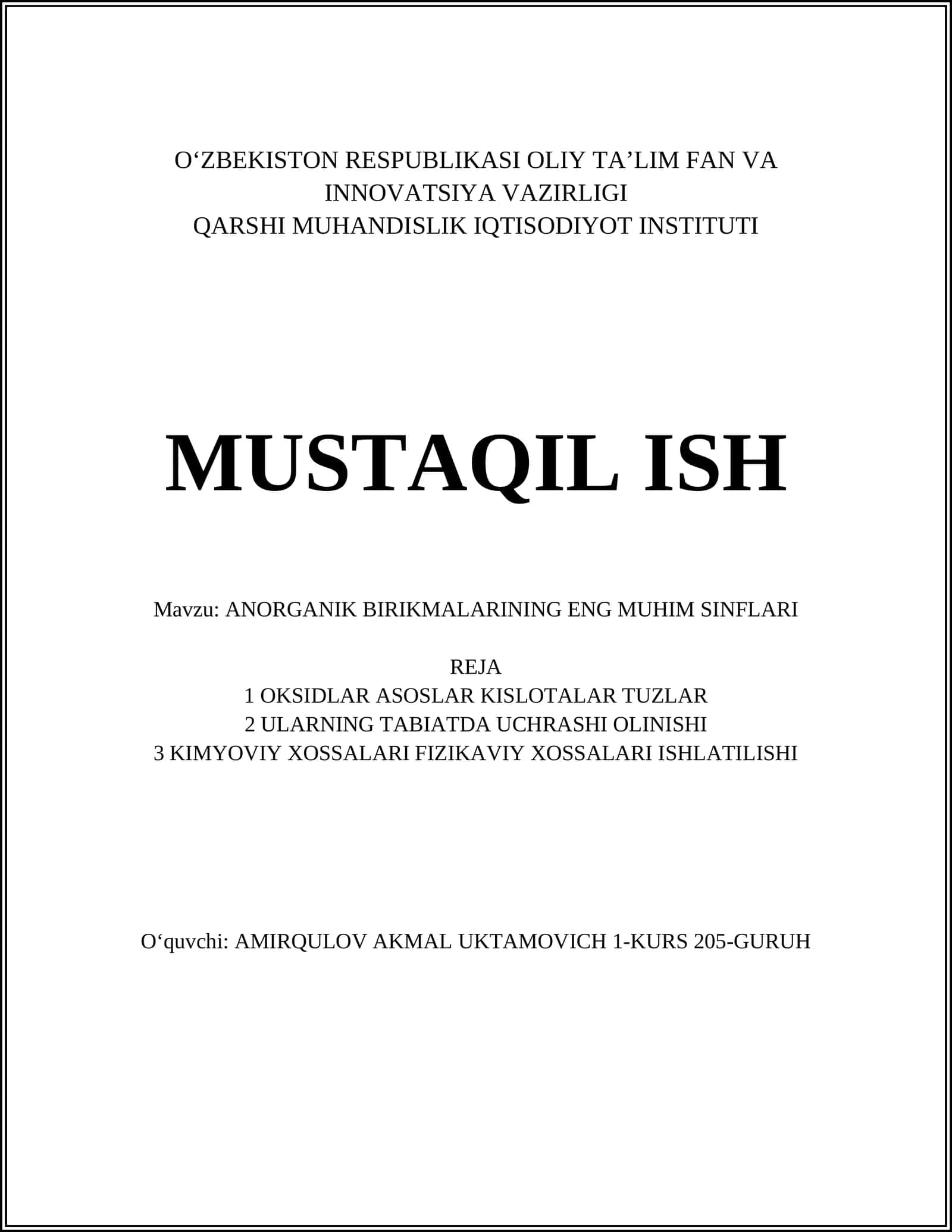 ANORGANIK BIRIKMALARINING ENG MUHIM SINFLARI