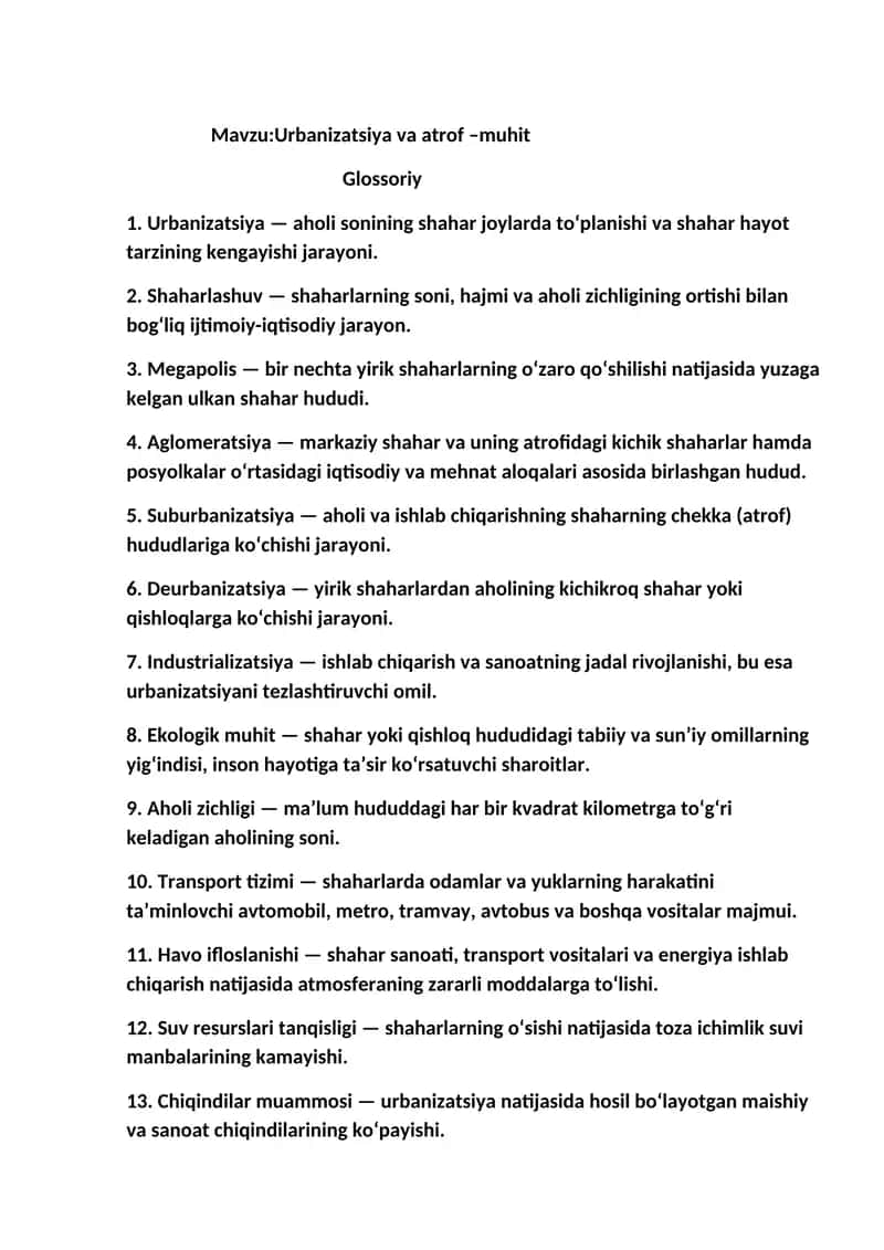 Urbanizatsiya va atrof –muhit