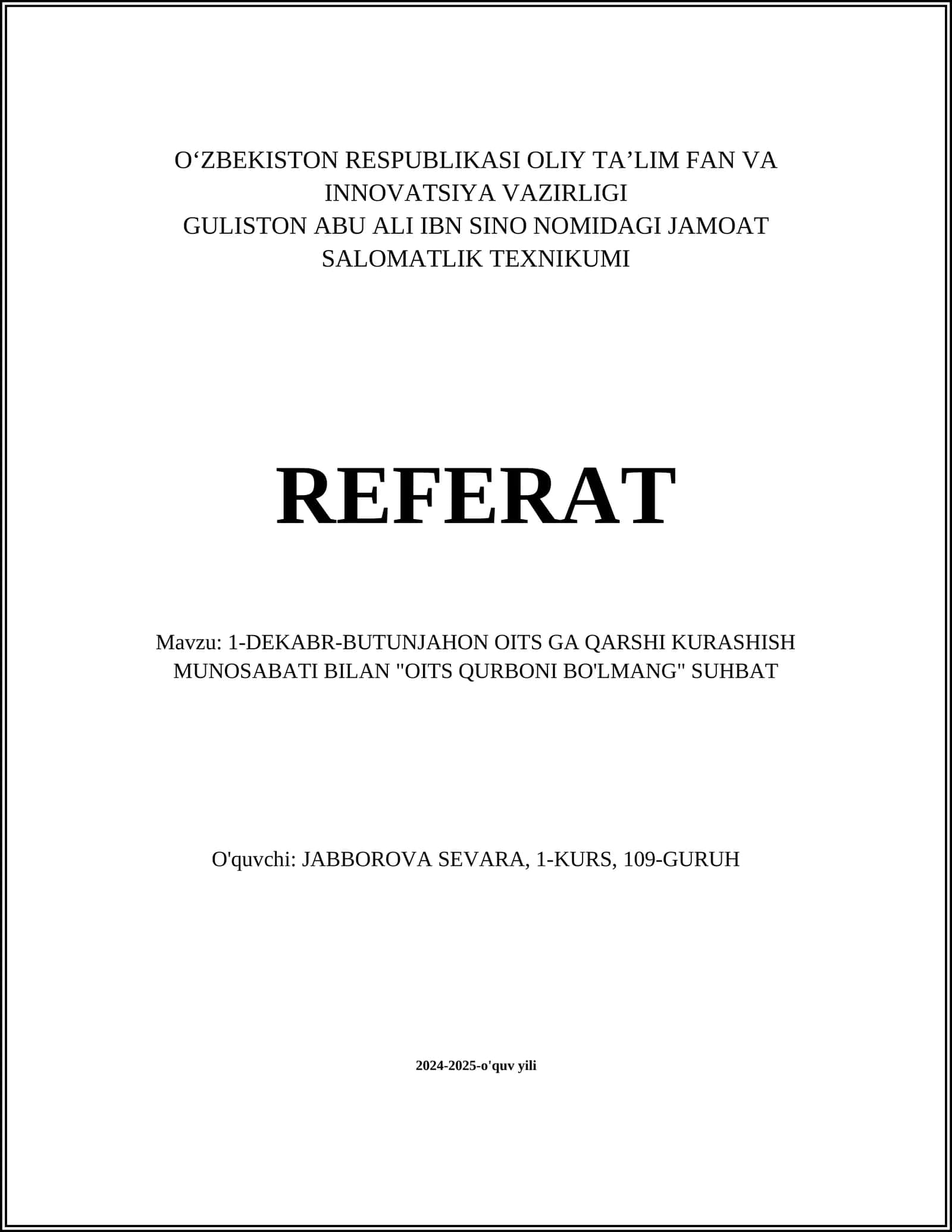 JAMOAT SALOMATLIK TEXNIKUMI REFERAT