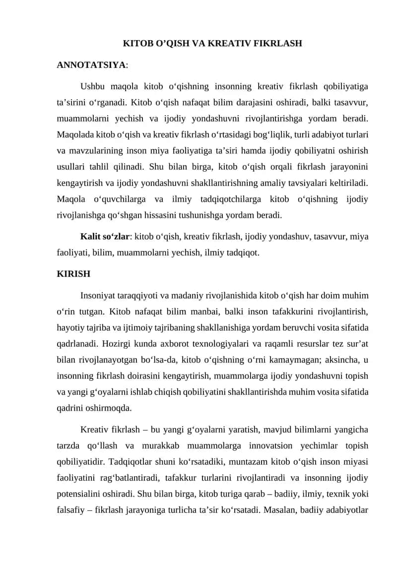 KITOB O’QISH VA KREATIV FIKRLASH
