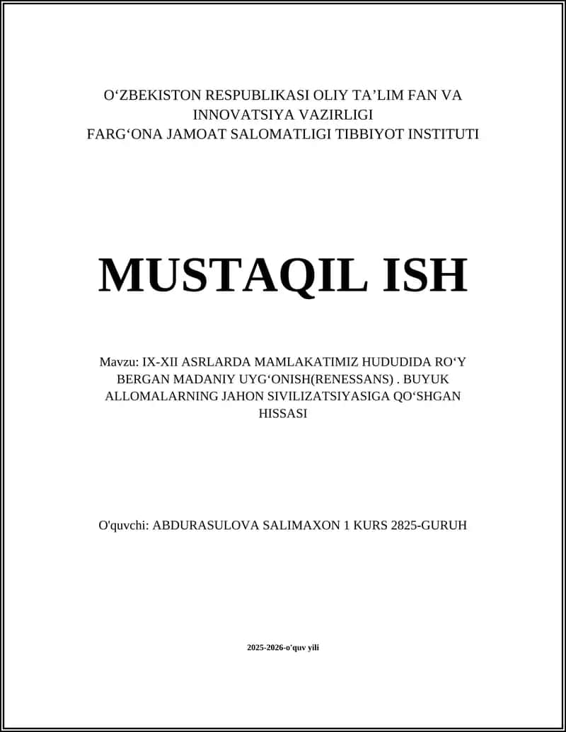 IX-XII ASRLARDA MAMLAKATIMIZ HUDUDIDA ROʻY BERGAN MADANIY UYGʻONISH(RENESSANS)