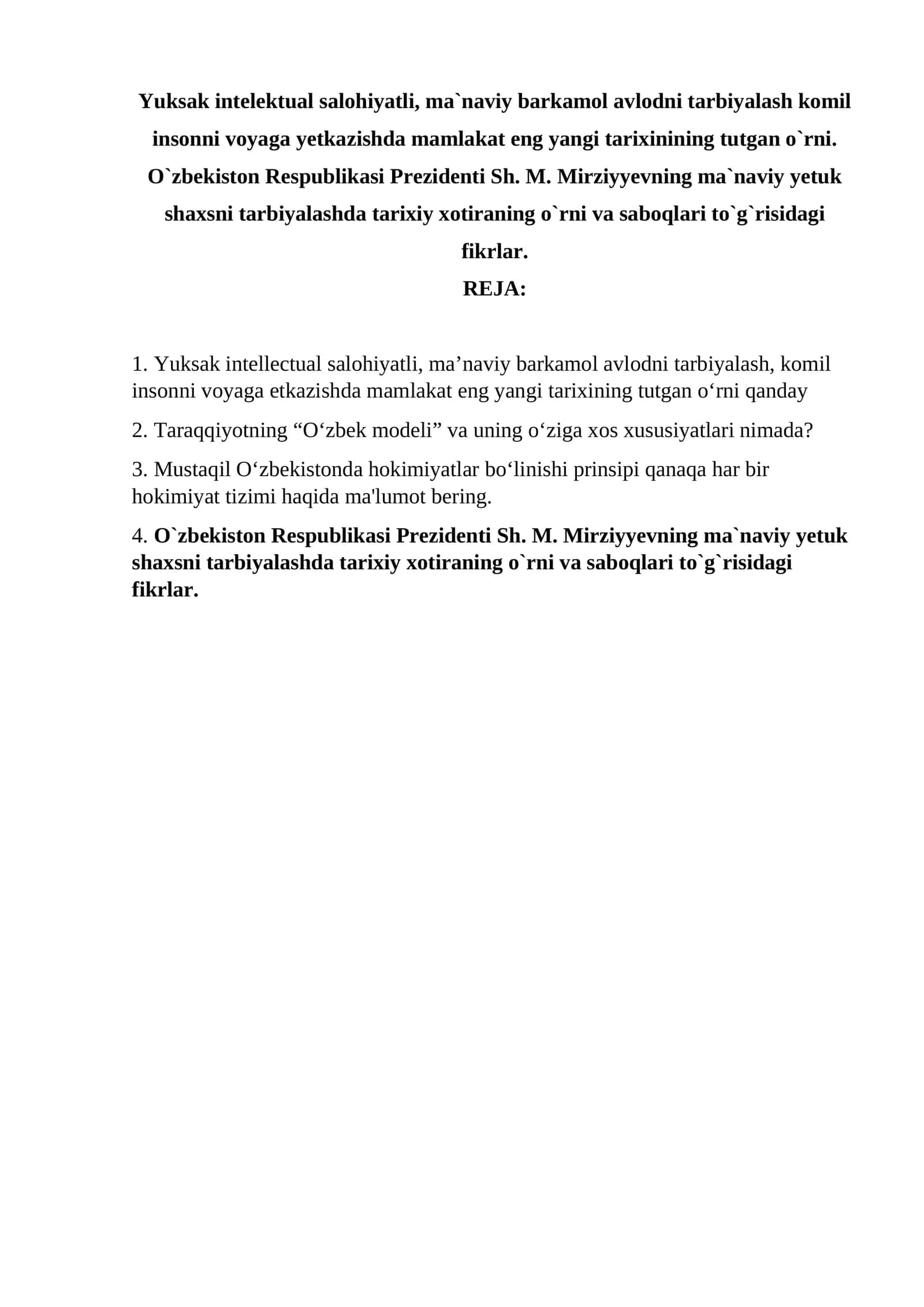 Yuksak intellectual salohiyatli, ma`naviy barkamol avlodni tarbiyalash