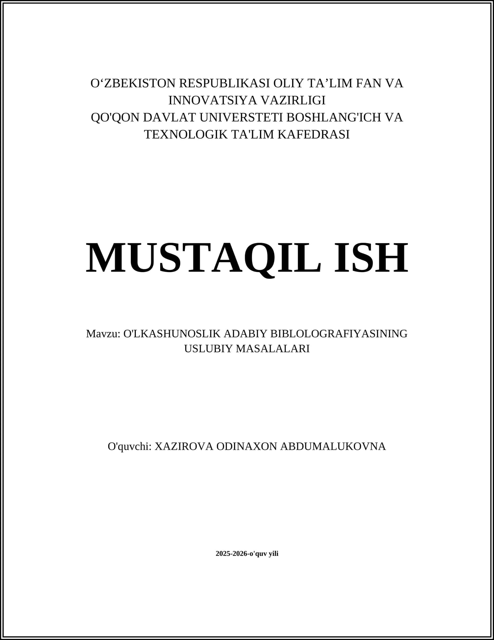 O'LKASHUNOSLIK ADABIY BIBLOLOGRAFIYASINING USLUBIY MASALALARI