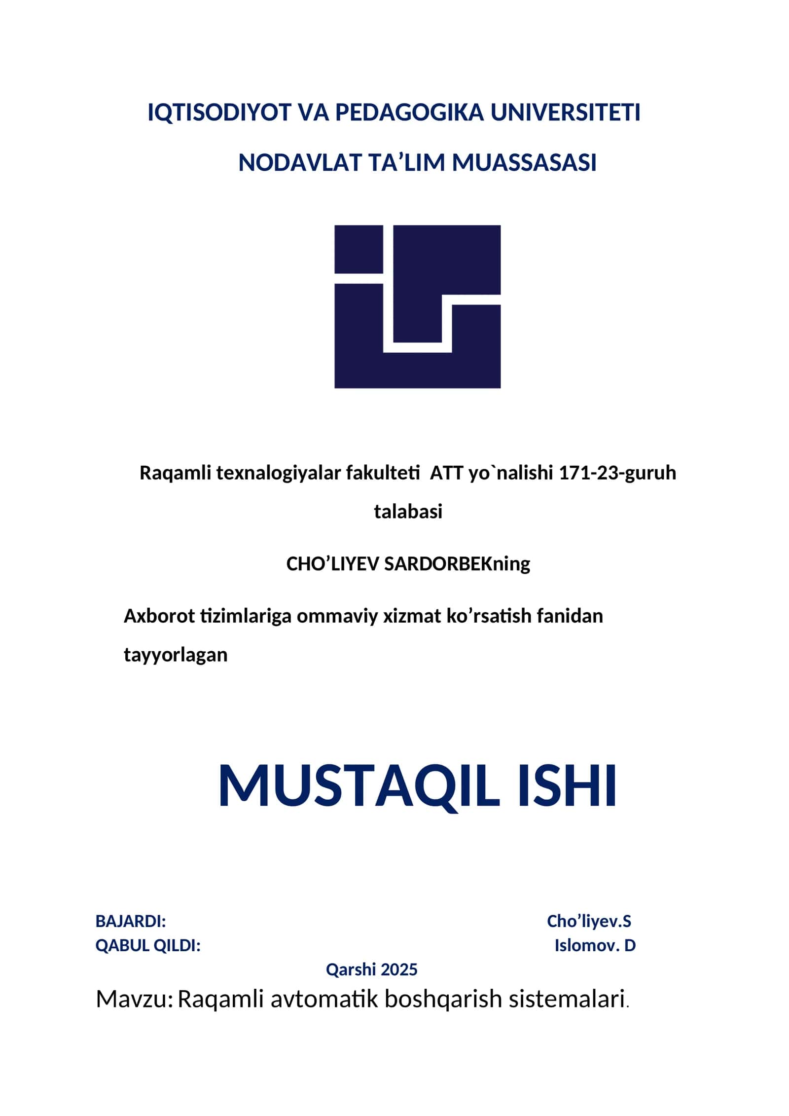 Raqamli avtomatik boshqarish sistemalari