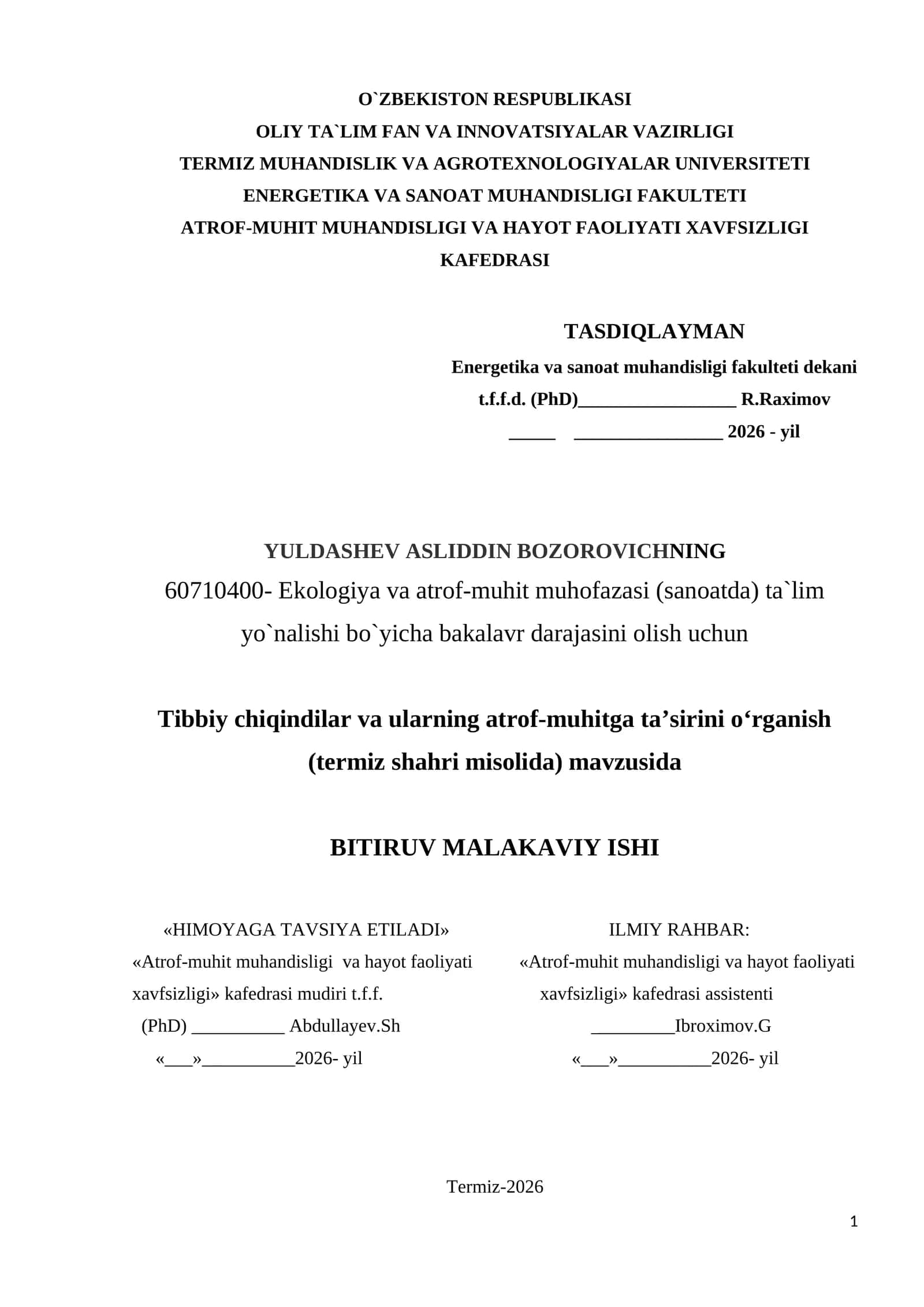 Tibbiy chiqindilar va ularning atrof-muhitga ta’sirini o‘rganish (termiz shahri misolida)